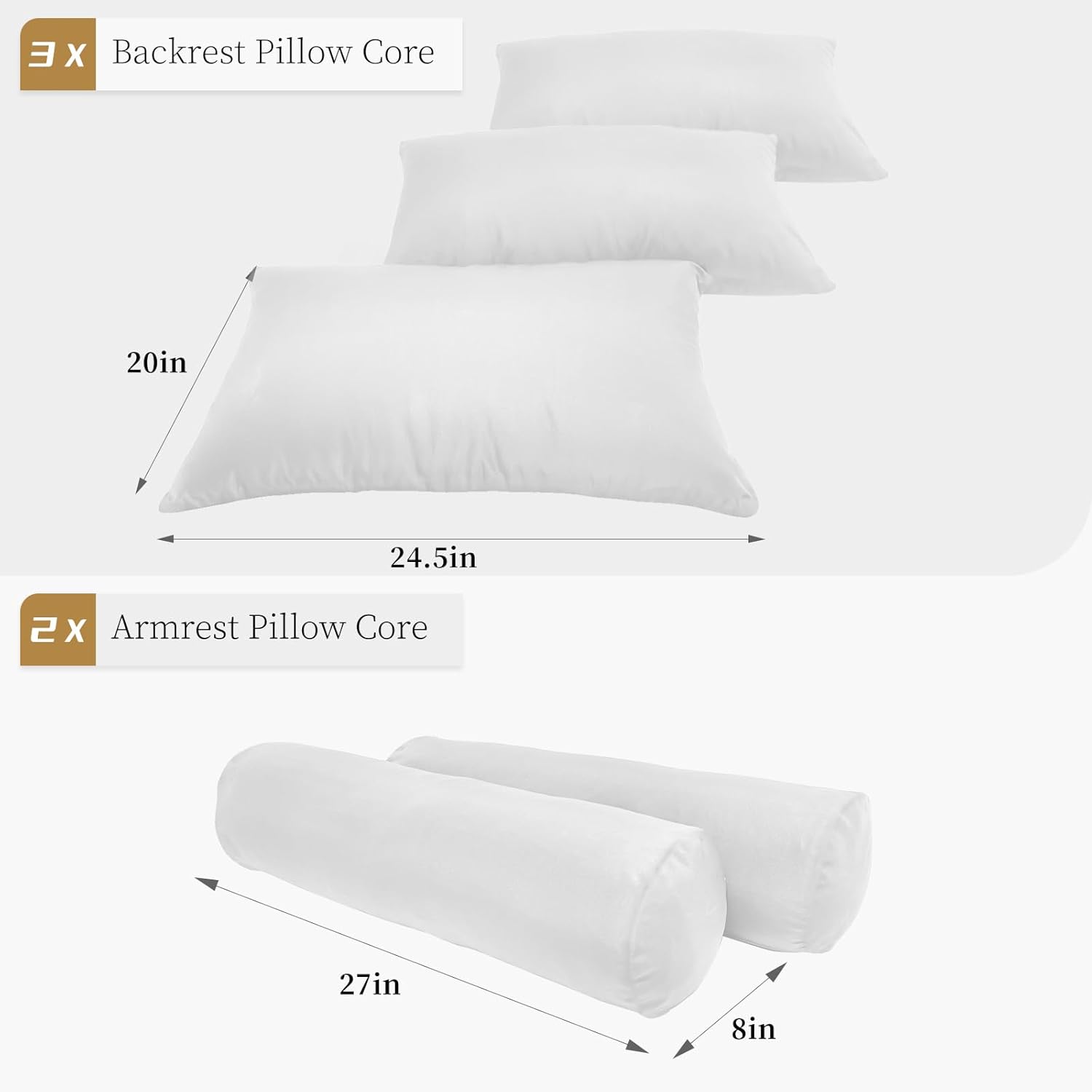 Twin Size Pillow & Bolster Cushion Polyester Fiberfill Inserts Replacement Set for Outdoor or Indoor Daybed and Porch Swing Bed, Insert ONLY (White, 24.5 * 20 * 5IN)