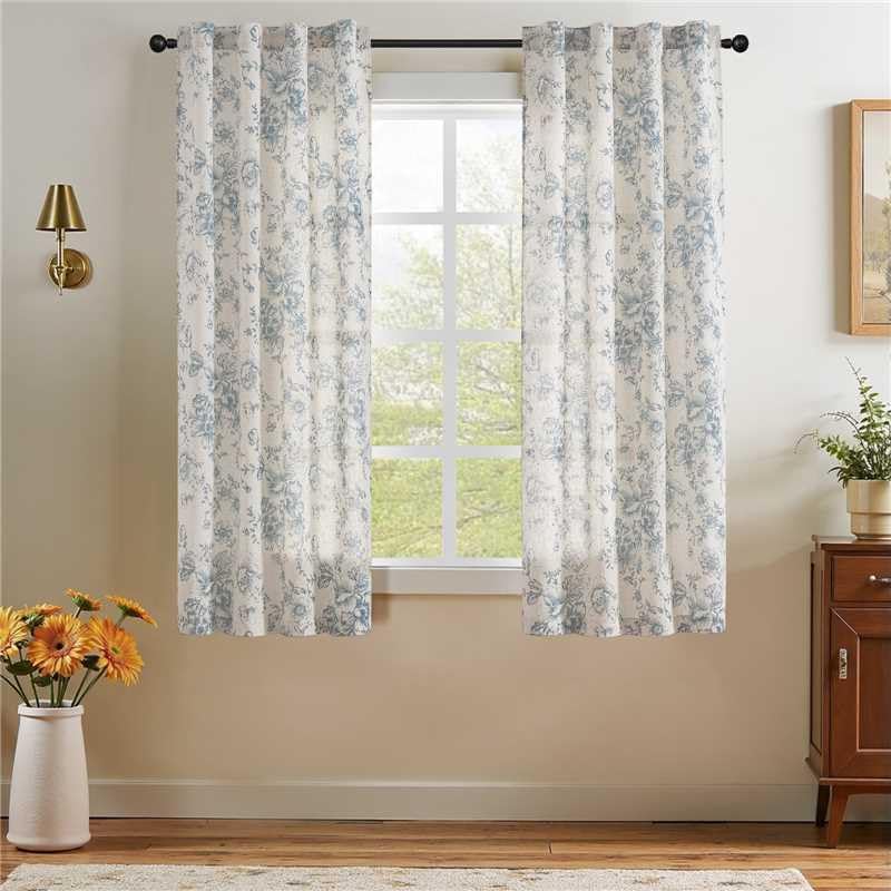 jinchan Linen Blend Curtain Floral Curtains for Living Room 108 Inch Length Black Printed Curtain Rod Pocket Back Tab Farmhouse Peony Flower Patterned Drapes Bedroom Window Curtains Set 2 Panels
