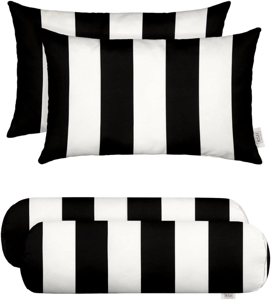Neck Roll & Lumbar Pillows – 4 Set | 20” x 6” 20" x 12" | Indoor Outdoor Pillow for Patio, Porch, Beachhouse Decor, Lounge Chair | UV & Fade-Resistant| Black White Stripe