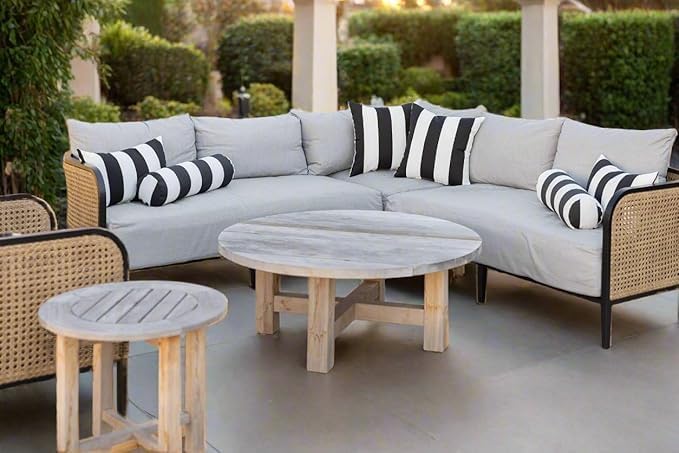 Neck Roll & Lumbar Pillows – 4 Set | 20” x 6” 20" x 12" | Indoor Outdoor Pillow for Patio, Porch, Beachhouse Decor, Lounge Chair | UV & Fade-Resistant| Black White Stripe