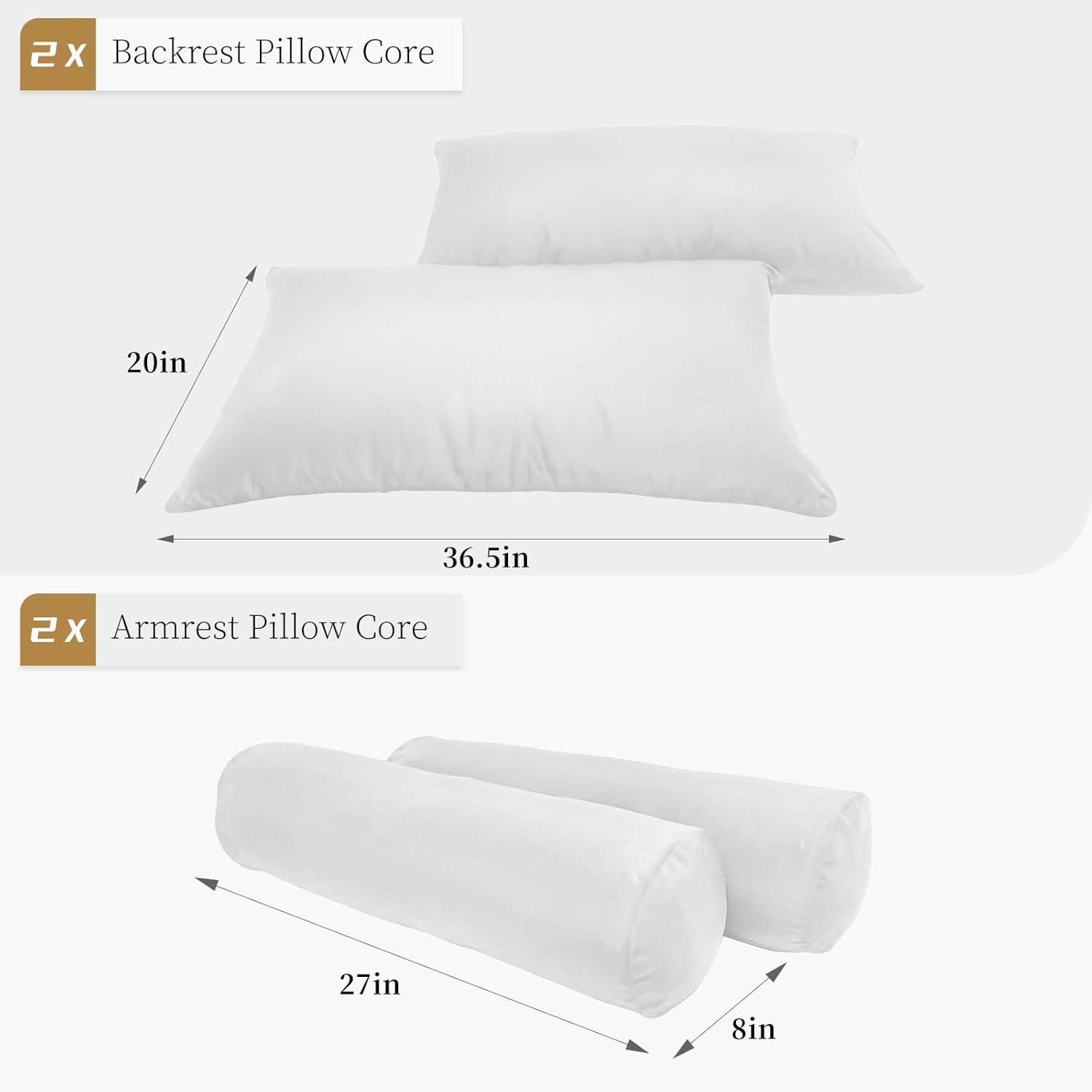 Twin Size Pillow & Bolster Cushion Polyester Fiberfill Inserts Replacement Set for Outdoor or Indoor Daybed and Porch Swing Bed, Insert ONLY (White, 36.5 * 20 * 5in)