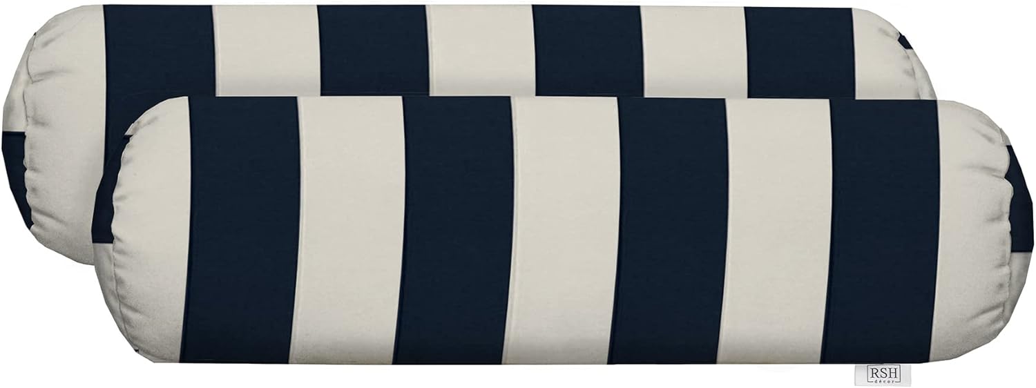 RSH Décor Neck Roll Bolster Pillows – Set of 4 | 20” x 6” | Outdoor Throw Pillows for Patio Furniture, Porch, Deck, or Poolside Chairs | Water & Fade-Resistant | Navy & White Stripe