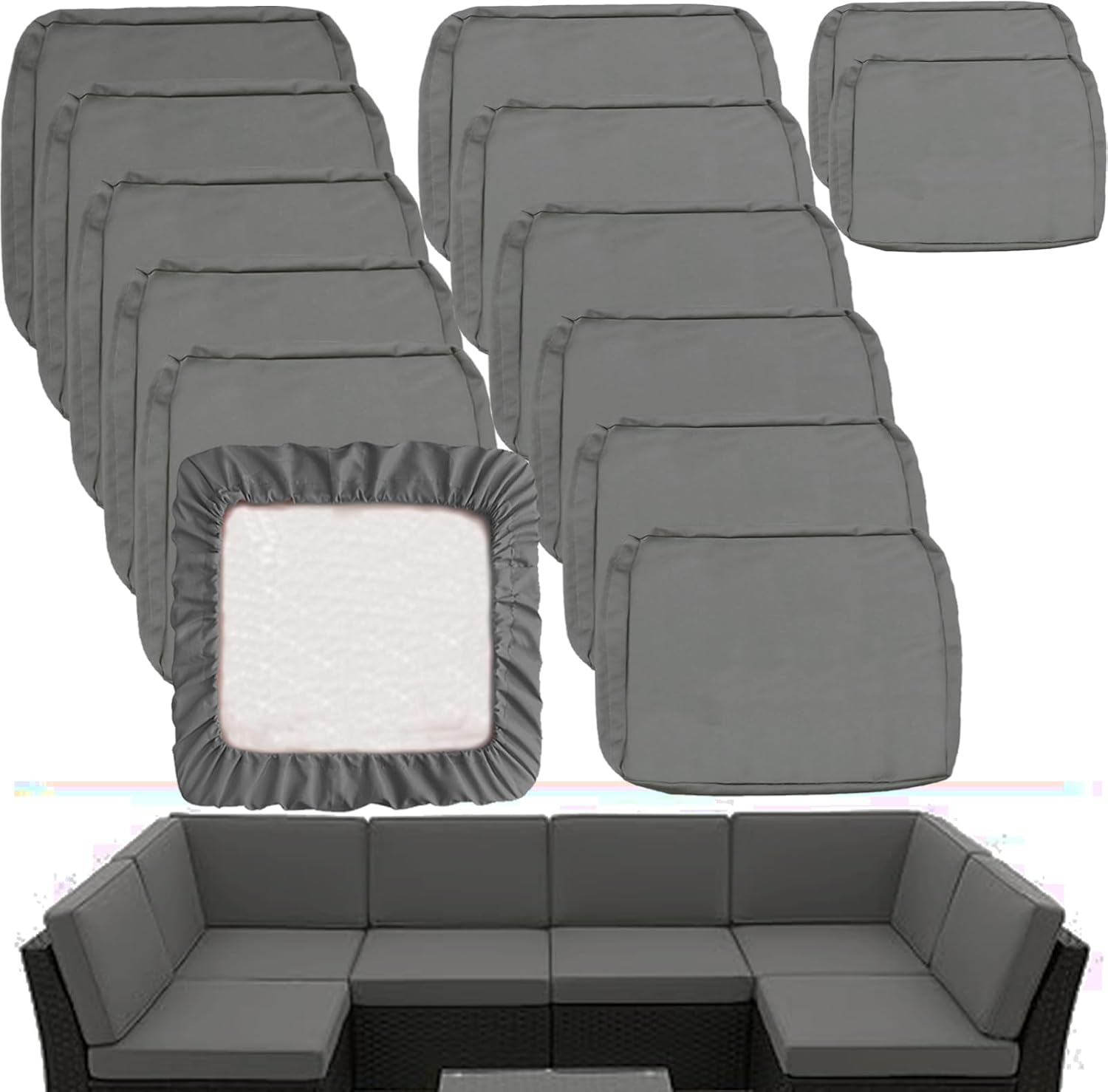 Sqodok Outdoor Cushion Covers 14Pcs Patio Cushion Slipcovers, Replacement Waterproof for 6-Seaters Sofa, Outdoor Furniture Cushion Slipcovers Set Seat and Back, Covers Only, Tan