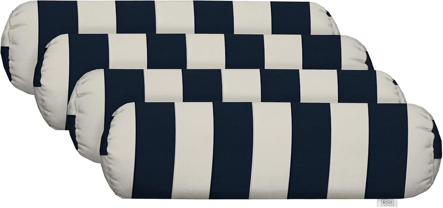 RSH Décor Neck Roll Bolster Pillows – Set of 4 | 20” x 6” | Outdoor Throw Pillows for Patio Furniture, Porch, Deck, or Poolside Chairs | Water & Fade-Resistant | Navy & White Stripe