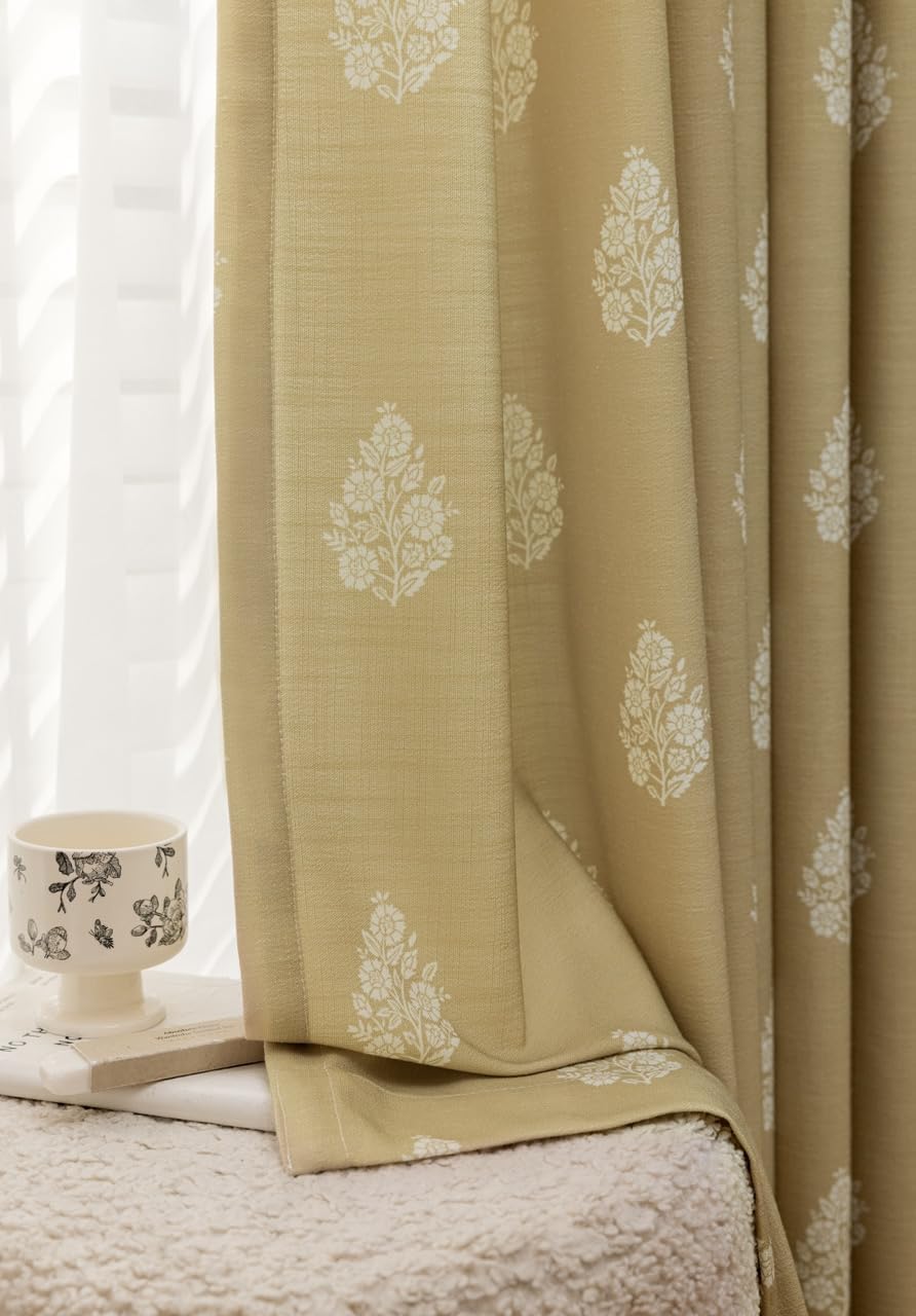 Linen Blend Pinch Pleated Curtains for Living Room, Bedroom, Dining Room - Light Filtering Curtains 2 Panels Set - Luxury and Modern Floral Printed Design - Beige White, 30" W x 96" L
