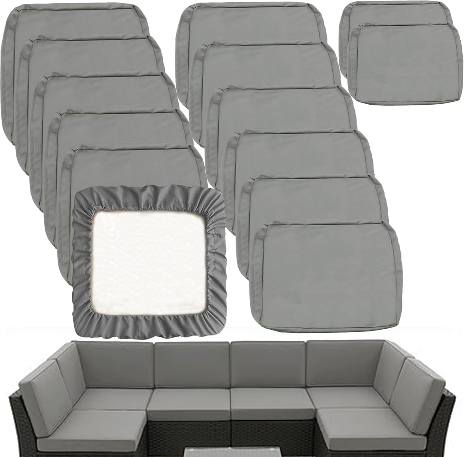 Sqodok Outdoor Cushion Covers 14Pcs Patio Cushion Slipcovers, Replacement Waterproof for 6-Seaters Sofa, Outdoor Furniture Cushion Slipcovers Set Seat and Back, Covers Only, Tan