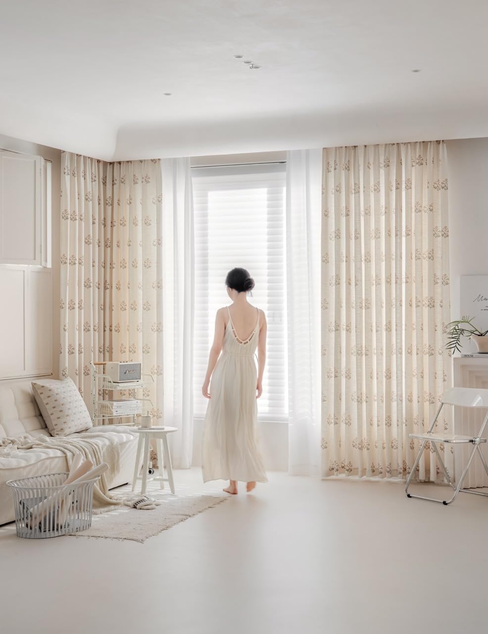 Linen Blend Pinch Pleated Curtains for Living Room, Bedroom, Dining Room - Light Filtering Curtains 2 Panels Set - Luxury and Modern Floral Printed Design - Beige White, 30" W x 96" L