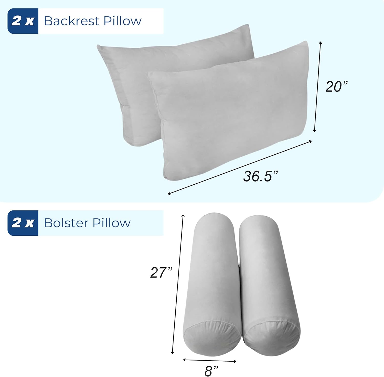 Prolinemax Style 2 Twin Size Pillow & Bolster Cushion Polyester Fiberfill Inserts for Outdoor Indoor Daybed Porch Swing Bed | Insert ONLY |