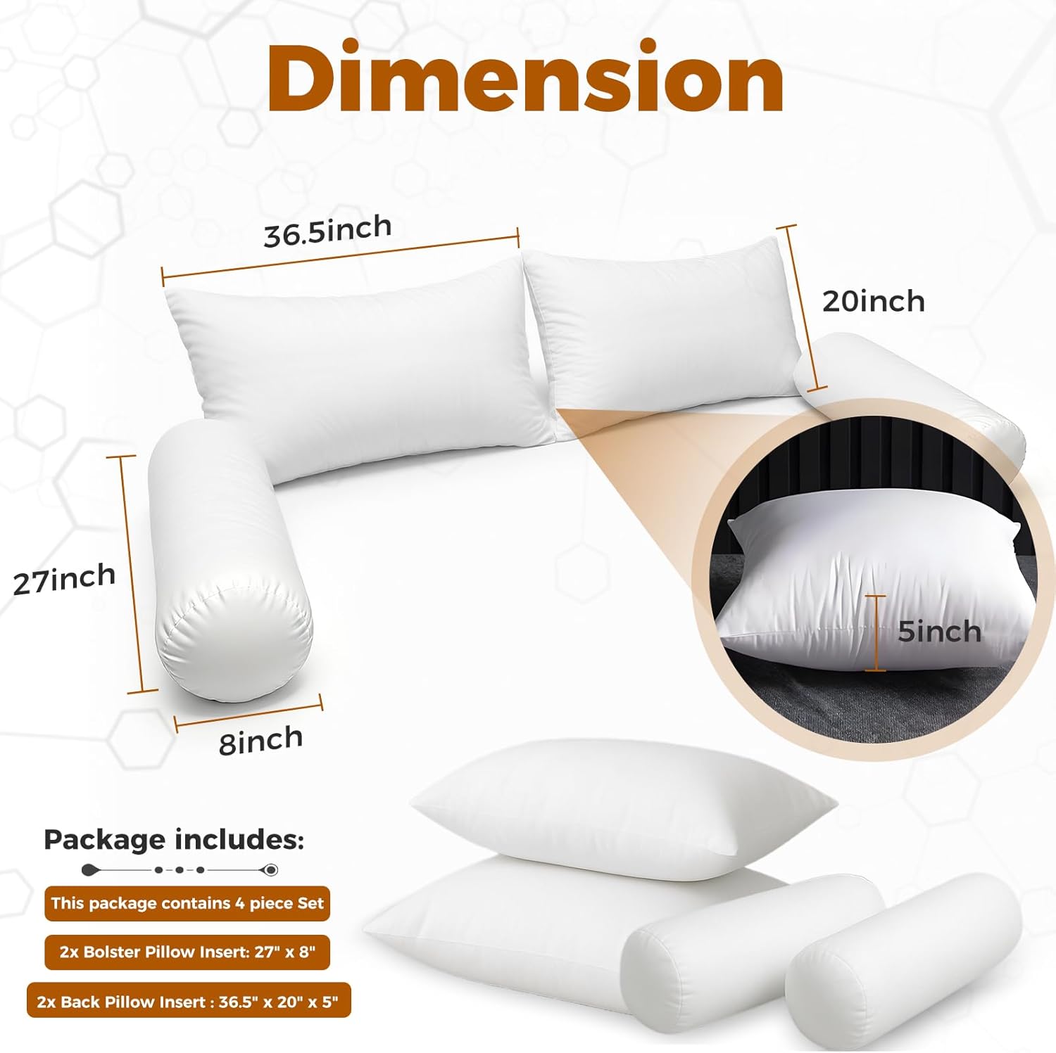 Twin Size Bolster & Back Pillow Inserts Replacement Set with 3D Cotton Filling,Bolster Cushions for Outdoor or Indoor Twin Daybed,Insert ONLY
