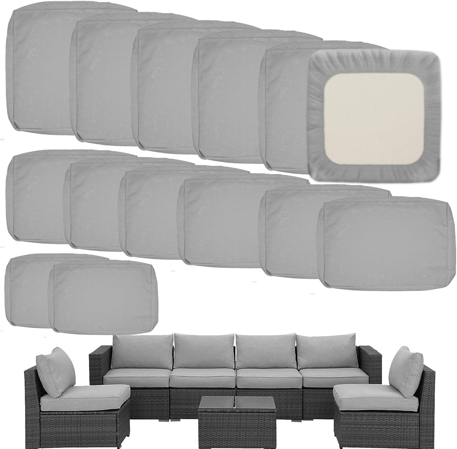 Outdoor Cushion Covers Replacement 14 Pcs Patio Cushion Covers fit for 7Pieces 6-Seater Wicker Rattan Sectional Couch Sofa Outdoor Cushion Slipcovers Set Seat and Back Cover Only, Grey