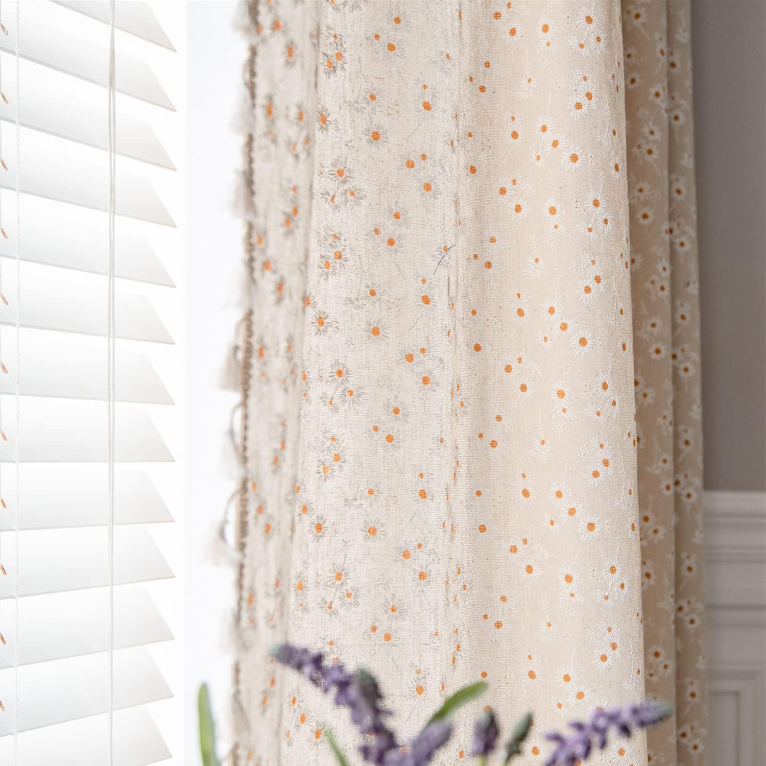 ENJOYBRIDAL Floral Bedroom Curtains 84 Inch Length 2 Panels Set Farmhouse Semi Sheer Living Room Drapes Cotton Linen Blend Bohemian Window Curtain Panels with Tassel Beige Rod Pocket Drapes