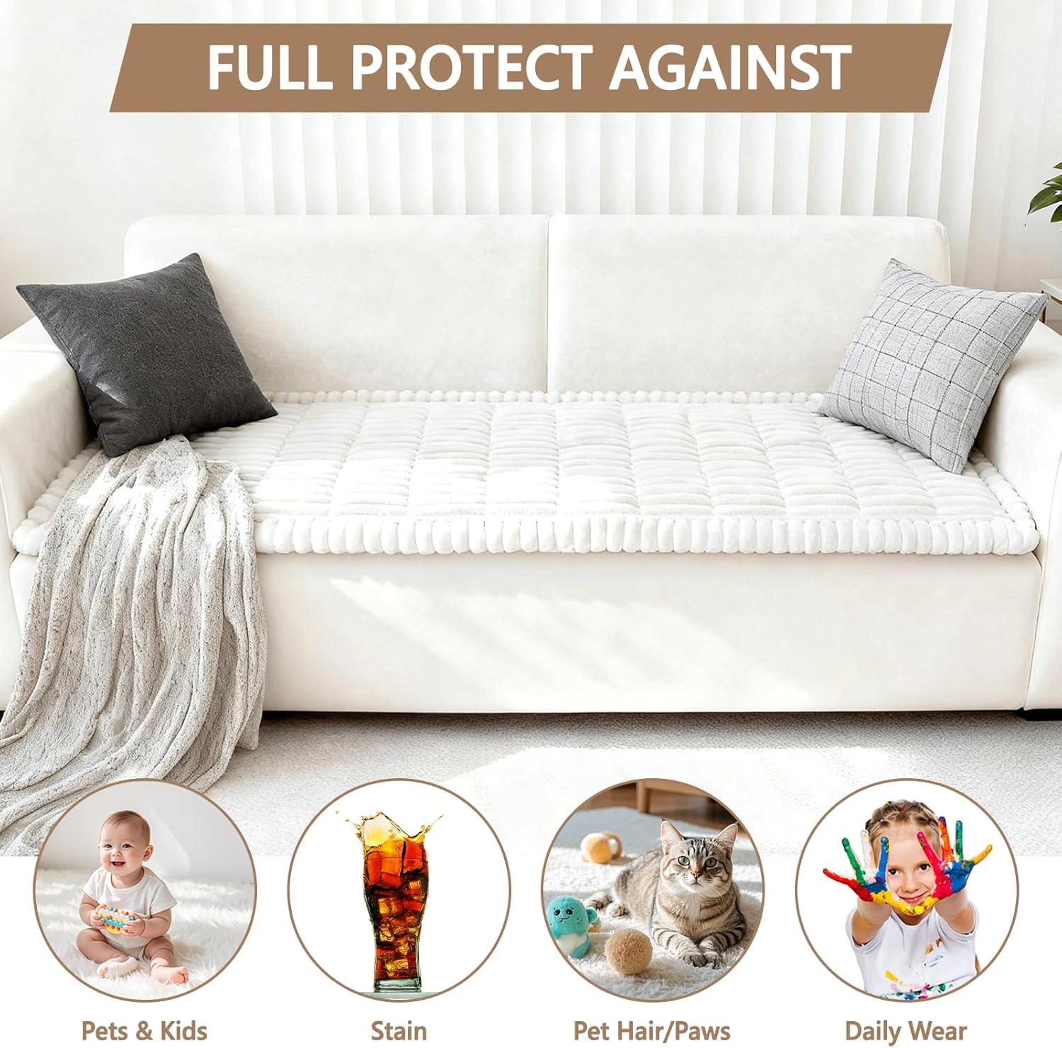 Capslpad Sofa Covers for Pets Washable Non Slip Dog Couch Cover Fuzzy Sofa Slipcover Geometric Pet Friendly Mat Cushion Protector Travel Pet Mat for Living Bedroom Car Back Seat, White 27.5"x82.6"