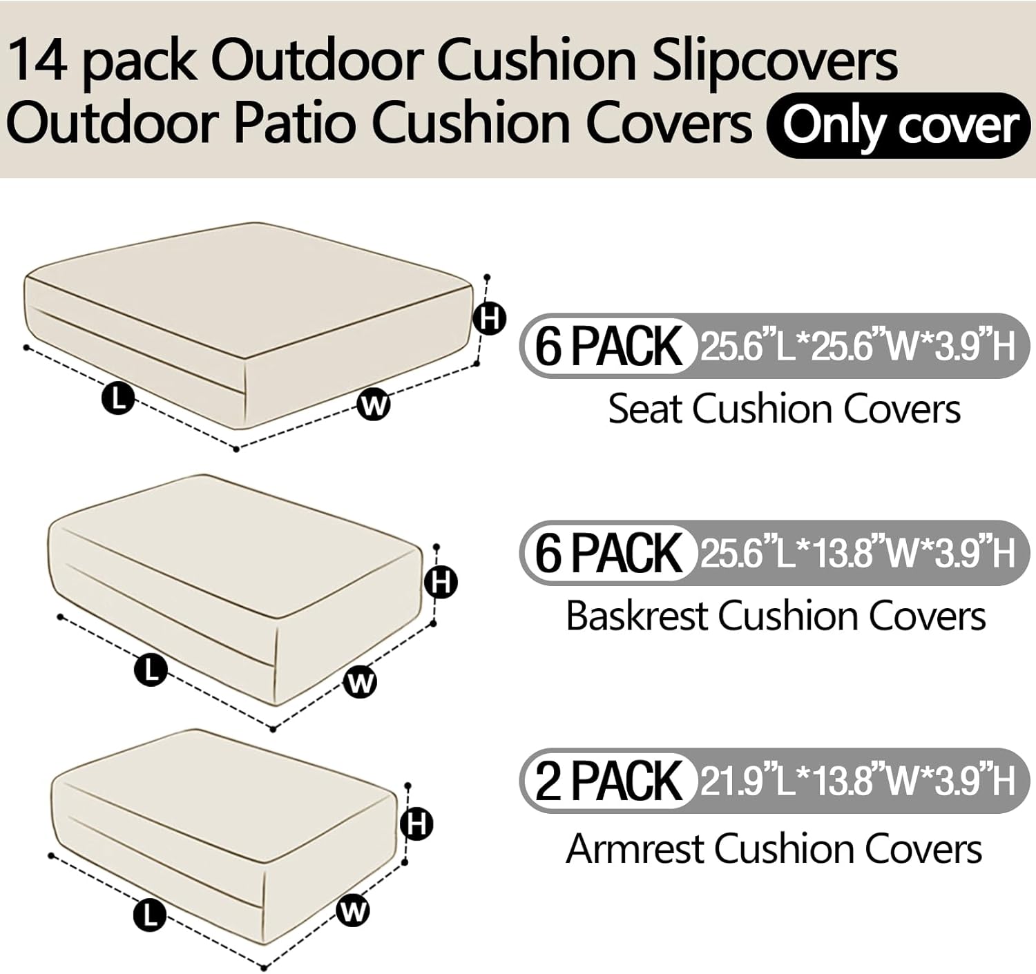14Pieces Patio Cushion Covers Replacement Outdoor Couch Cushions Covers Splashproof Sofa Slipcovers Set with Zippers,Patio Furniture Protector Cover Only(Light Gray,25.6×25.6×3.94inches)