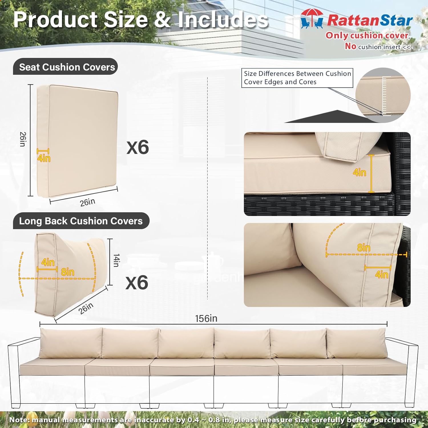 Patio Furniture Set Cushion Covers Outdoor Sectional Sofa Waterproof Square Couch Cushion Covers Outdoor Cushion Slipcovers Replacement for Outdoor Furniture, Non-Slip, Khaki
