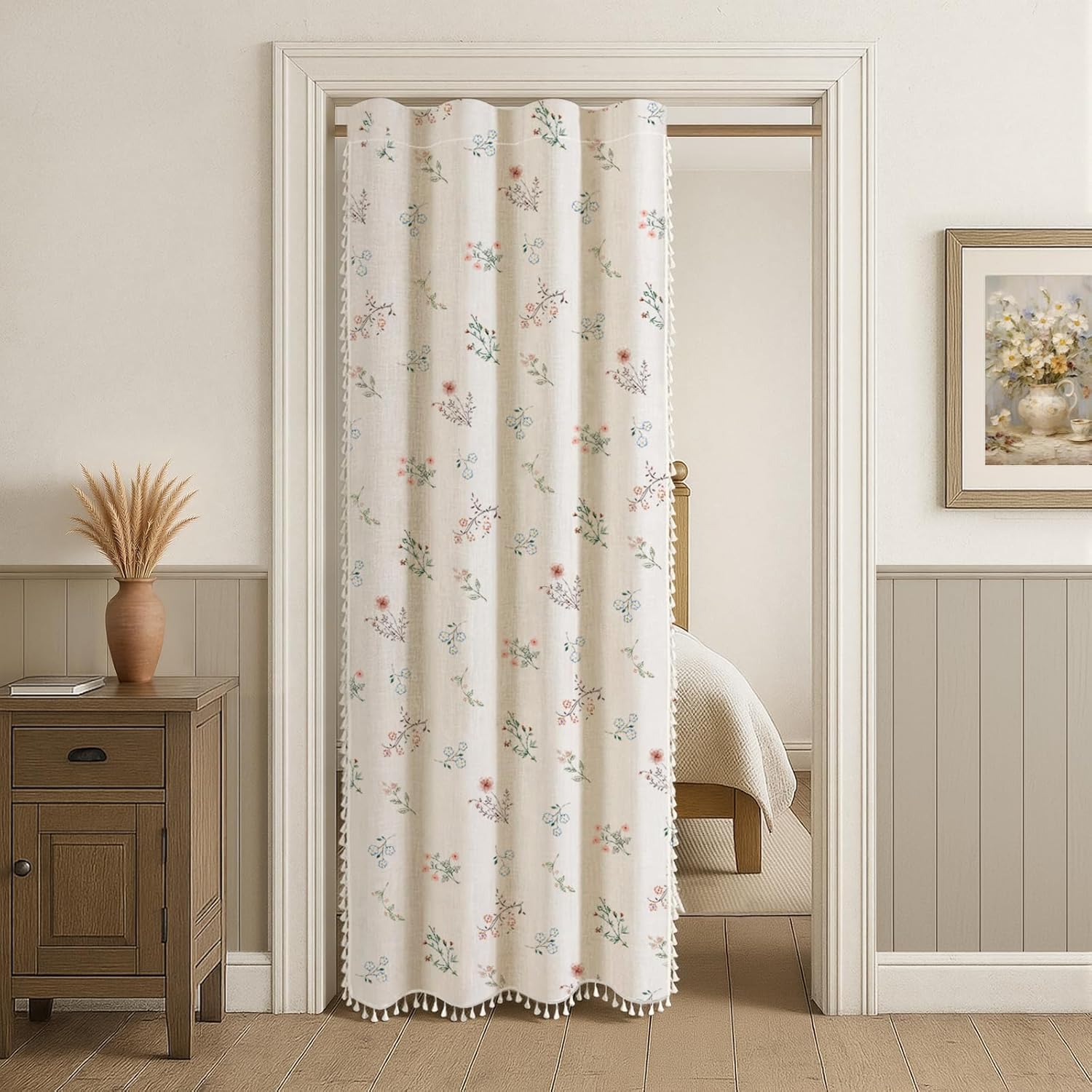 Boho Floral 100% Blackout Curtains 84 Inch Length 2 Panels Set, Linen Texture Farmhouse Curtains Beige Tassel for Living Room Bedroom Vintage Rustic Patterned Printed Western Rod Pocket