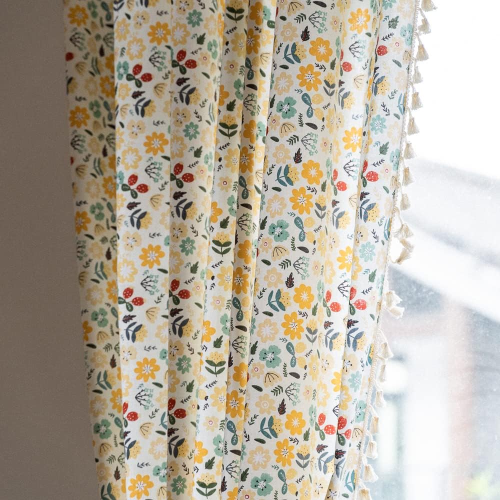 ENJOYBRIDAL Floral Bedroom Curtains 84 Inch Length 2 Panels Set Farmhouse Semi Sheer Living Room Drapes Cotton Linen Blend Bohemian Window Curtain Panels with Tassel Beige Rod Pocket Drapes