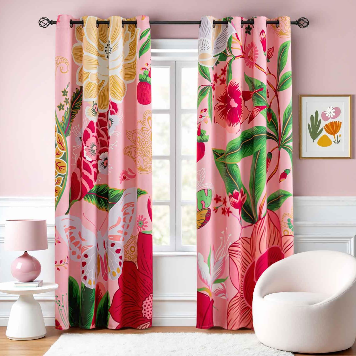 Black Boho Floral 100% Blackout Curtains for Bedroom 96 inch Long 2 Panels Mid Century Botanical Black Out Curtains for Living Room Grommet Thermal Insulated Room Darkening Window Drapes,52Wx96L