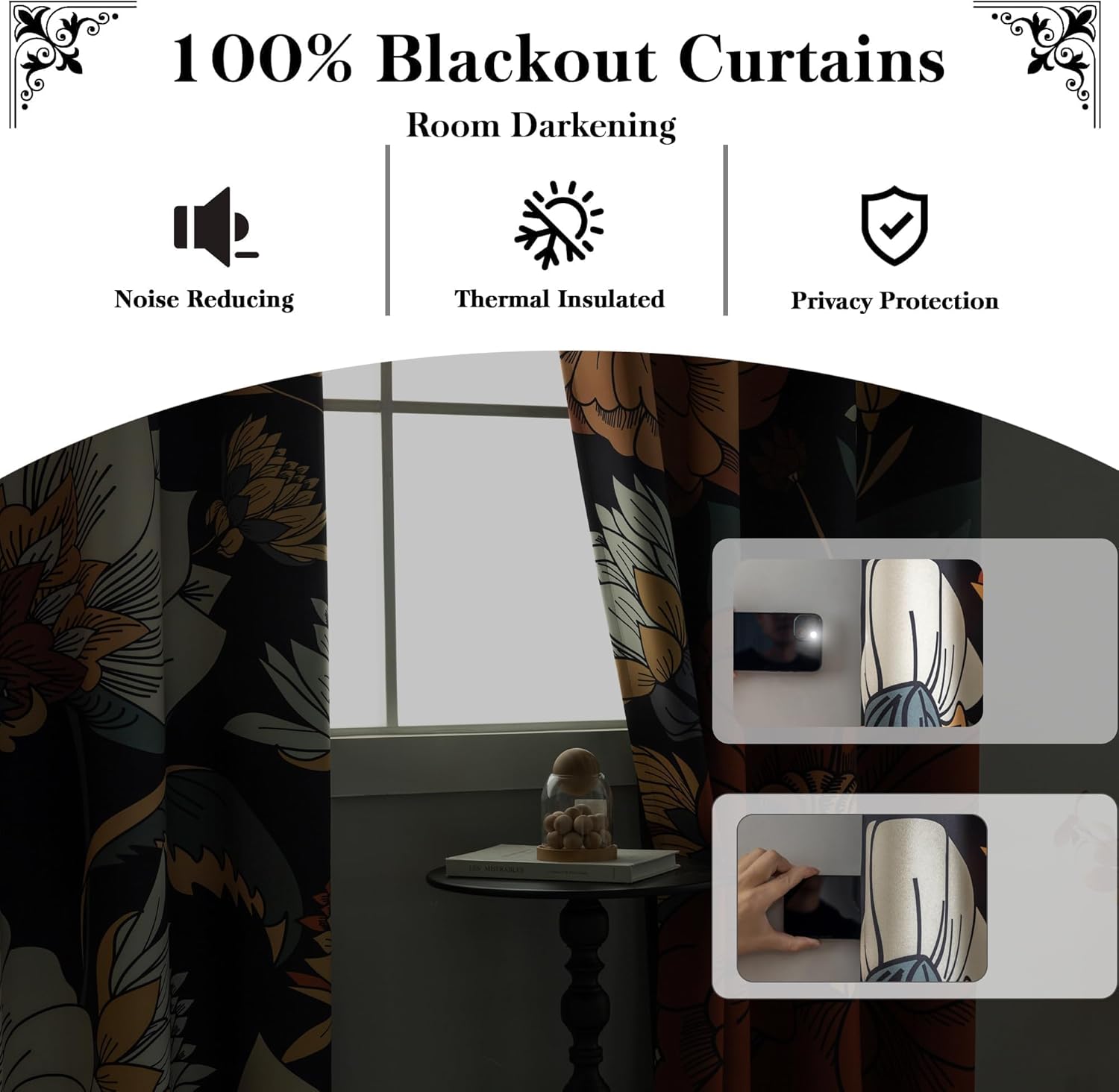 Black Boho Floral 100% Blackout Curtains for Bedroom 96 inch Long 2 Panels Mid Century Botanical Black Out Curtains for Living Room Grommet Thermal Insulated Room Darkening Window Drapes,52Wx96L