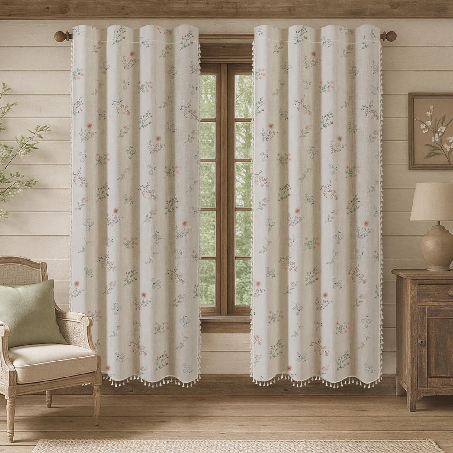 Boho Floral 100% Blackout Curtains 84 Inch Length 2 Panels Set, Linen Texture Farmhouse Curtains Beige Tassel for Living Room Bedroom Vintage Rustic Patterned Printed Western Rod Pocket