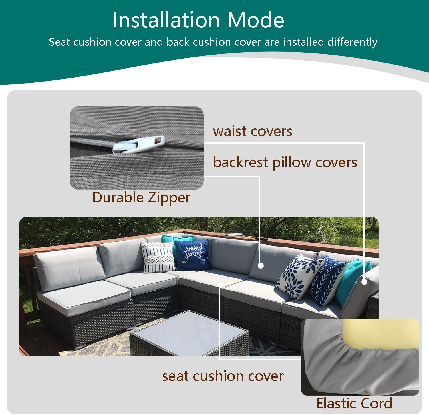 Outdoor Cushion Covers Replacement 14 Pcs Patio Cushion Covers fit for 7Pieces 6-Seater Wicker Rattan Sectional Couch Sofa Outdoor Cushion Slipcovers Set Seat and Back Cover Only, Grey