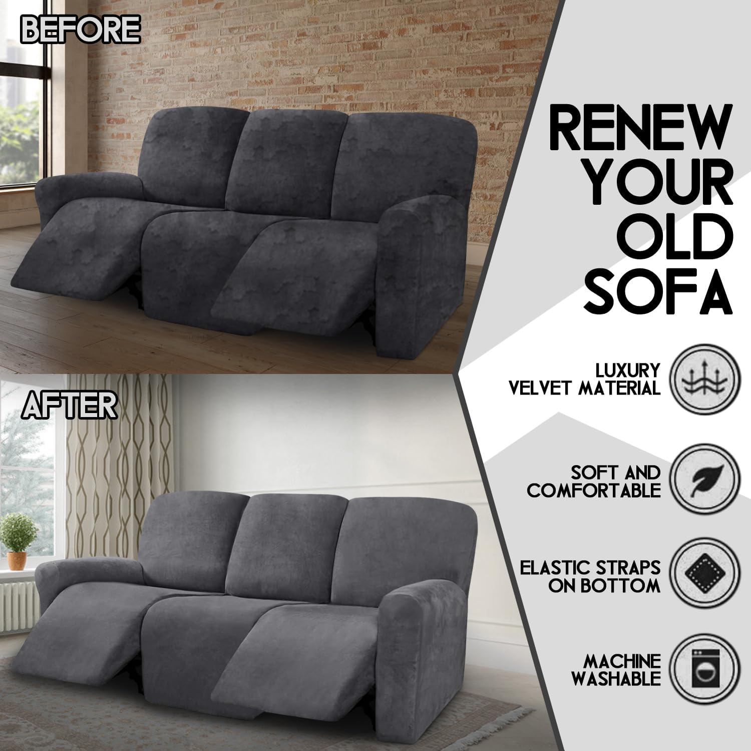 ULTICOR Velvet 8-Pieces Recliner Sofa Covers Stretch Reclining Couch Covers for 3 Cushion Reclining Sofa Slipcovers Furniture Covers Thick Soft Washable (3 Seater Recliner Cover, Dark Gray)
