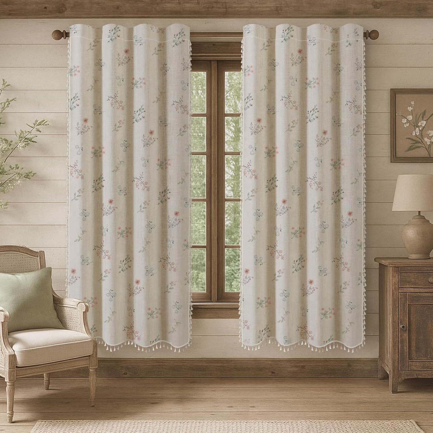 Boho Floral 100% Blackout Curtains 84 Inch Length 2 Panels Set, Linen Texture Farmhouse Curtains Beige Tassel for Living Room Bedroom Vintage Rustic Patterned Printed Western Rod Pocket