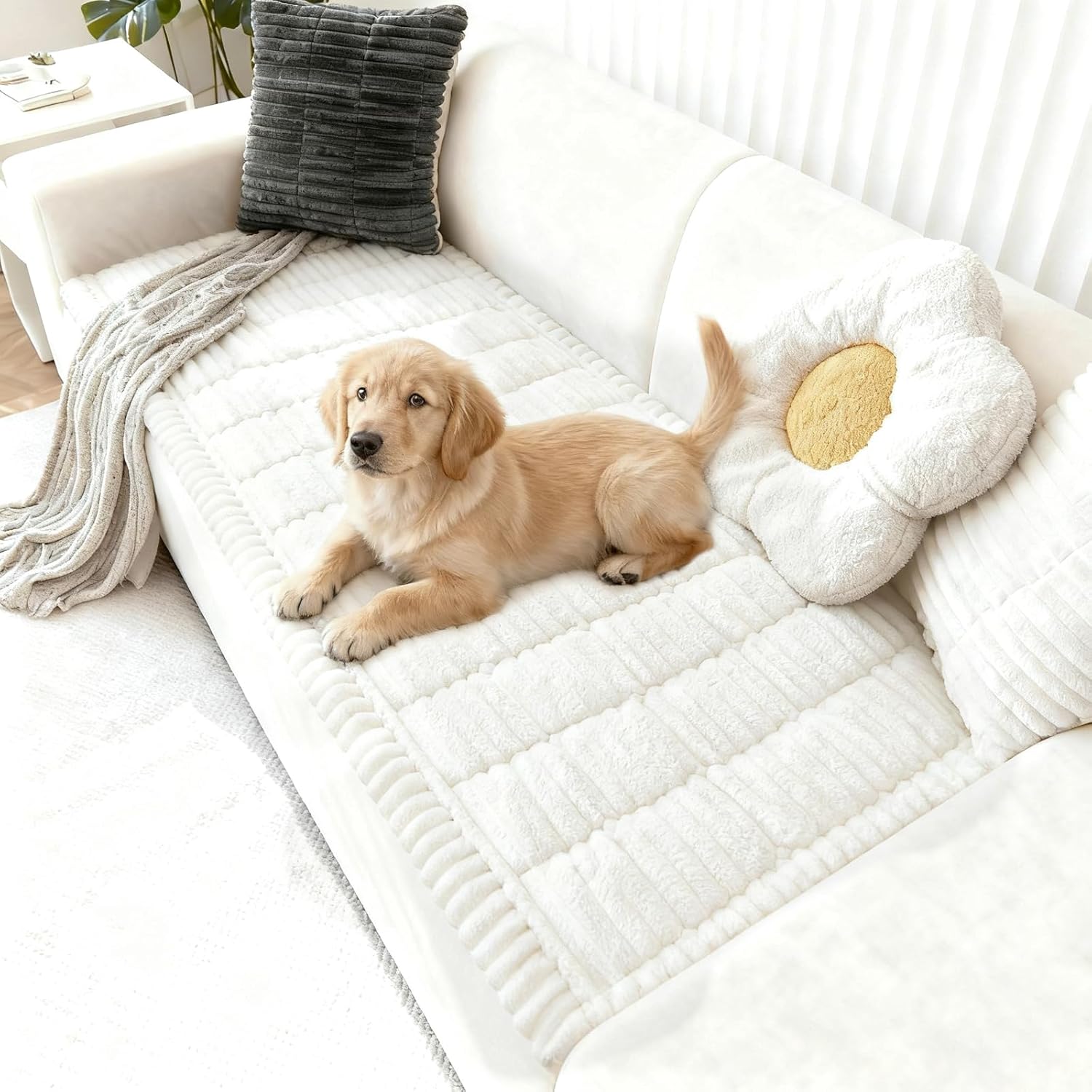 Capslpad Sofa Covers for Pets Washable Non Slip Dog Couch Cover Fuzzy Sofa Slipcover Geometric Pet Friendly Mat Cushion Protector Travel Pet Mat for Living Bedroom Car Back Seat, White 27.5"x82.6"