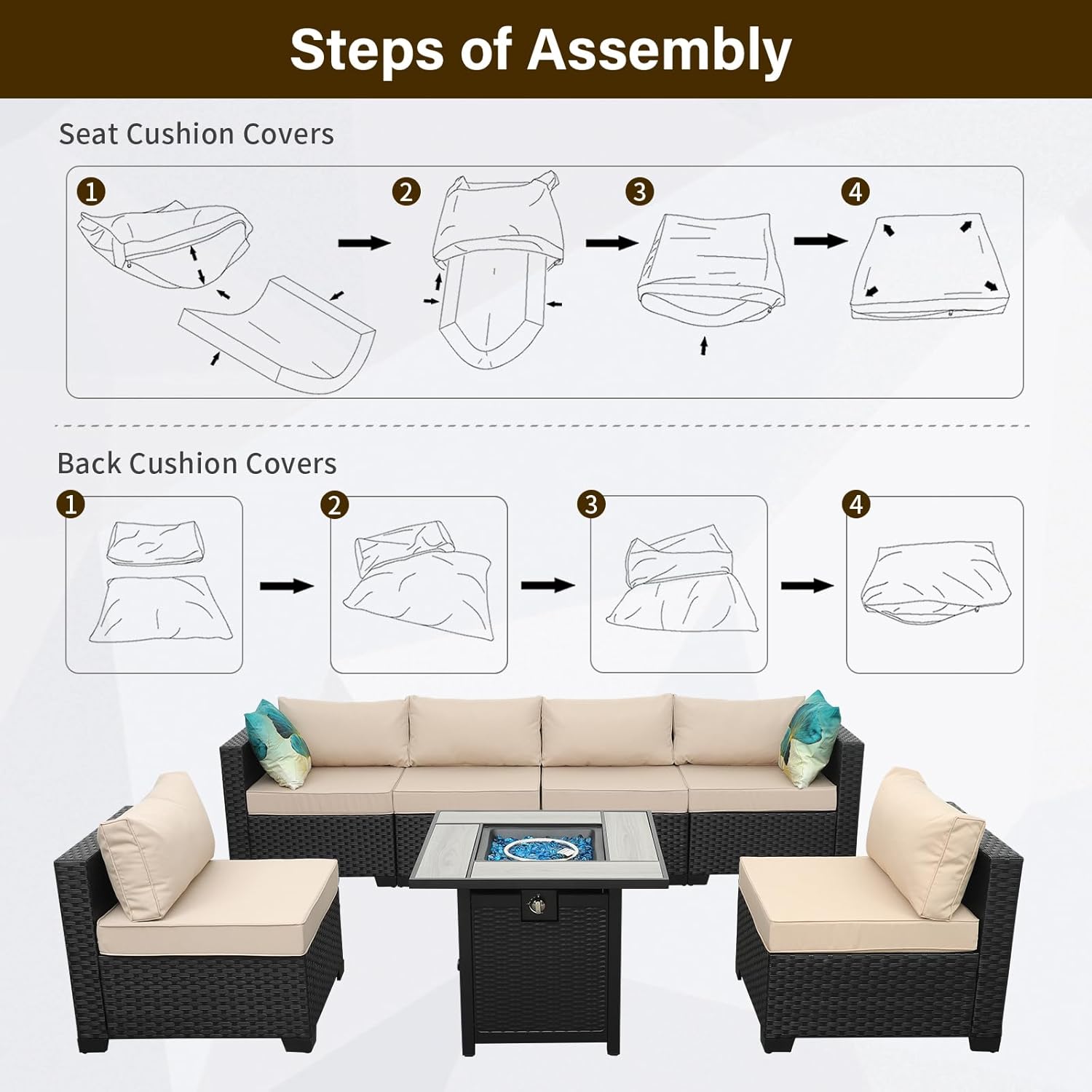 Patio Furniture Set Cushion Covers Outdoor Sectional Sofa Waterproof Square Couch Cushion Covers Outdoor Cushion Slipcovers Replacement for Outdoor Furniture, Non-Slip, Khaki