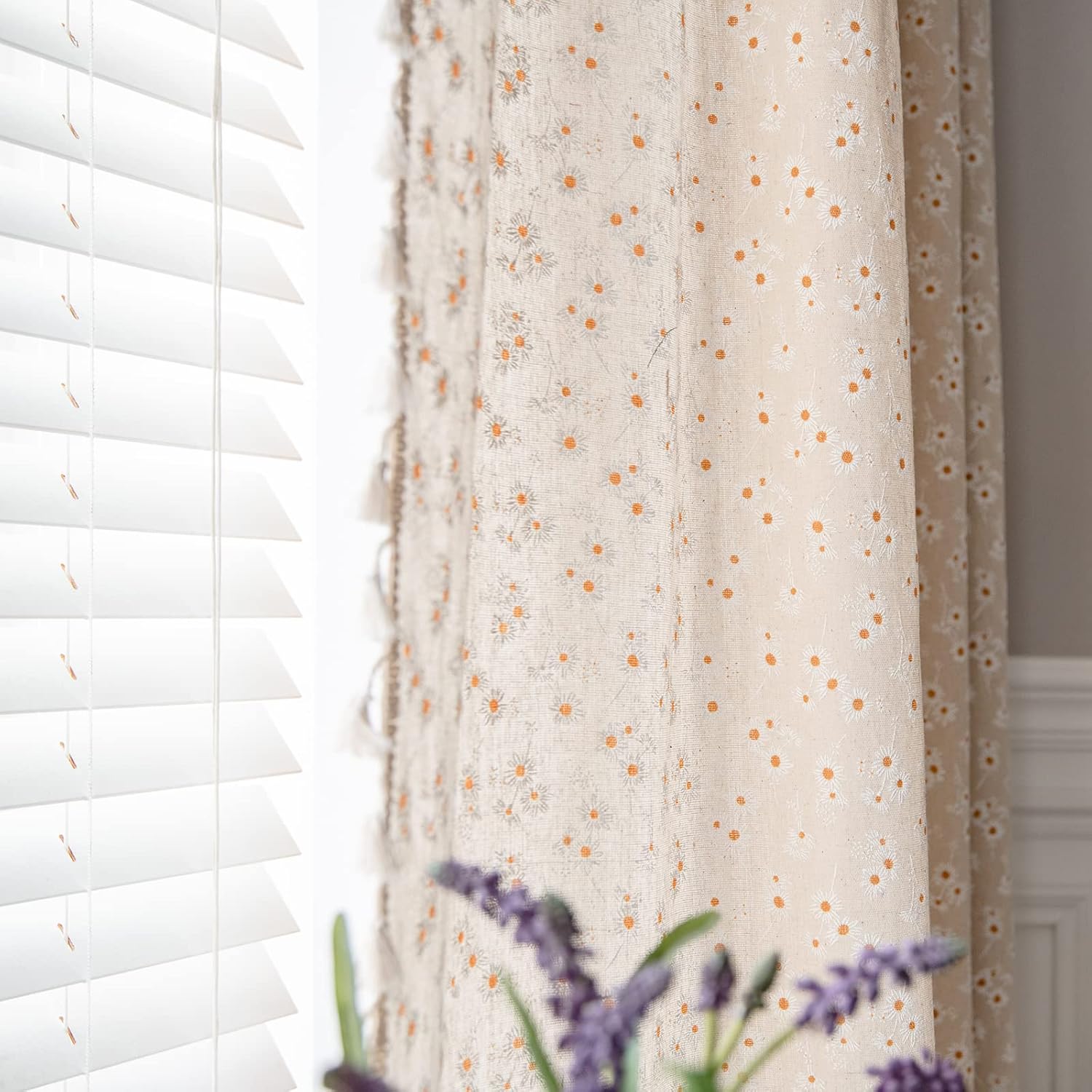 ENJOYBRIDAL Floral Bedroom Curtains 84 Inch Length 2 Panels Set Farmhouse Semi Sheer Living Room Drapes Cotton Linen Blend Bohemian Window Curtain Panels with Tassel Beige Rod Pocket Drapes