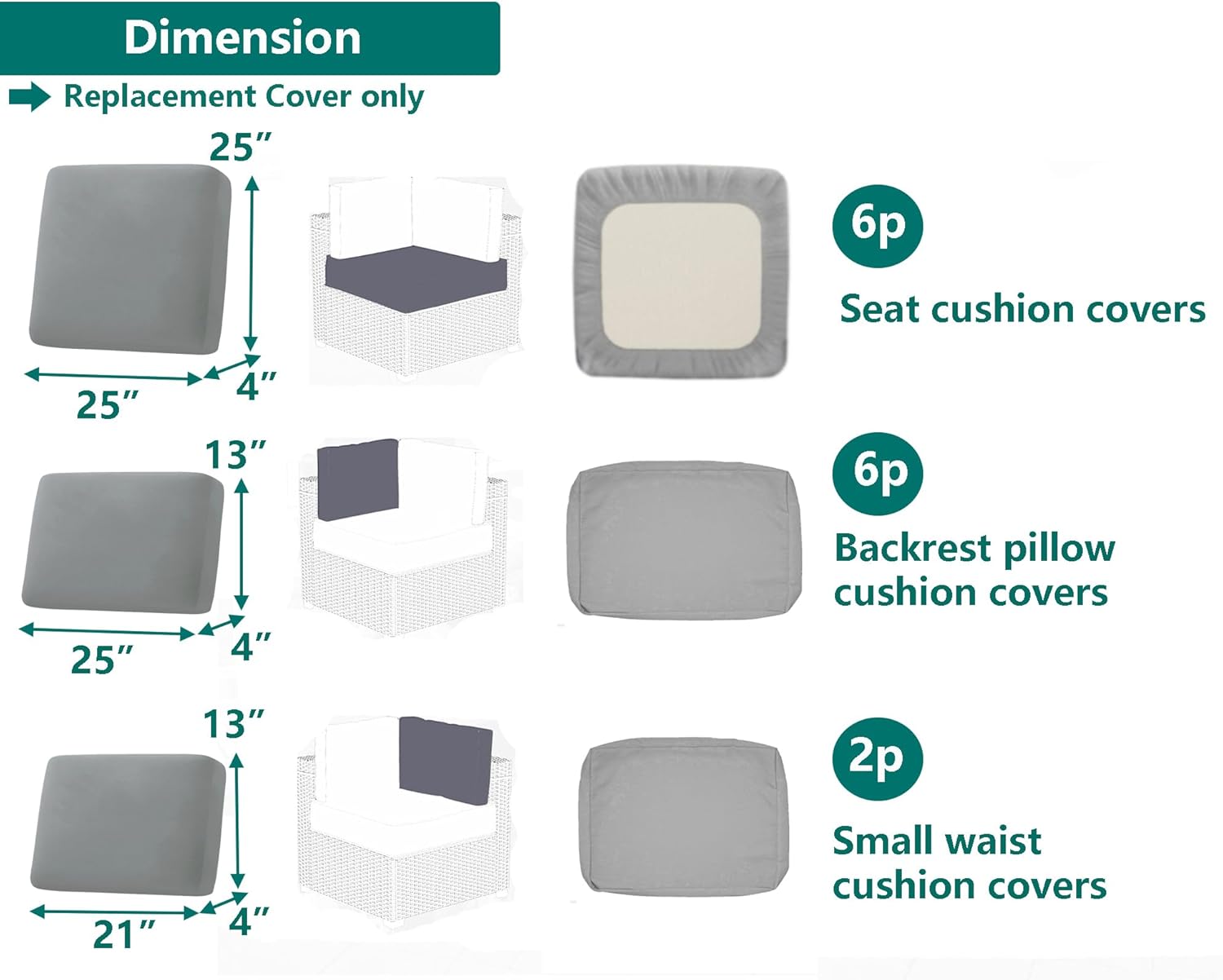Outdoor Cushion Covers Replacement 14 Pcs Patio Cushion Covers fit for 7Pieces 6-Seater Wicker Rattan Sectional Couch Sofa Outdoor Cushion Slipcovers Set Seat and Back Cover Only, Grey