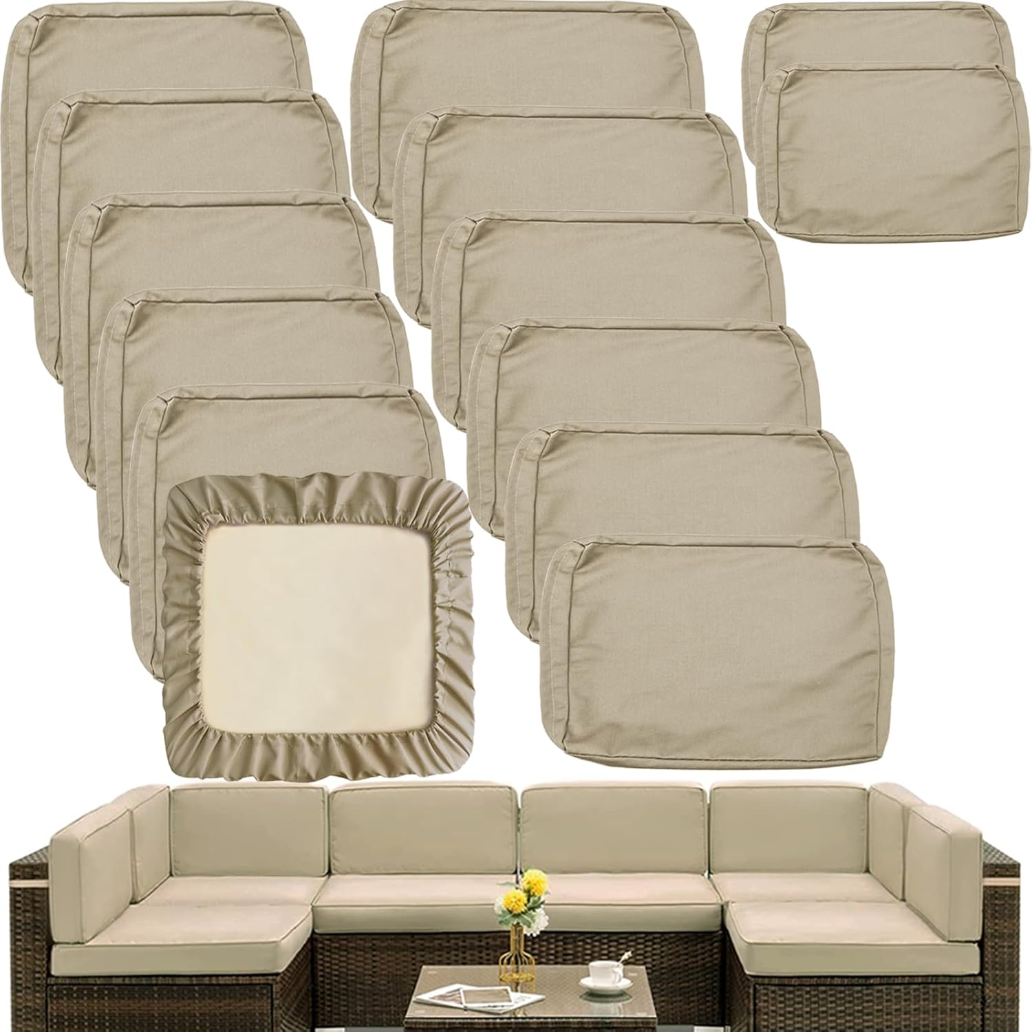 Sqodok Outdoor Cushion Covers 14Pcs Patio Cushion Slipcovers, Replacement Waterproof for 6-Seaters Sofa, Outdoor Furniture Cushion Slipcovers Set Seat and Back, Covers Only, Tan