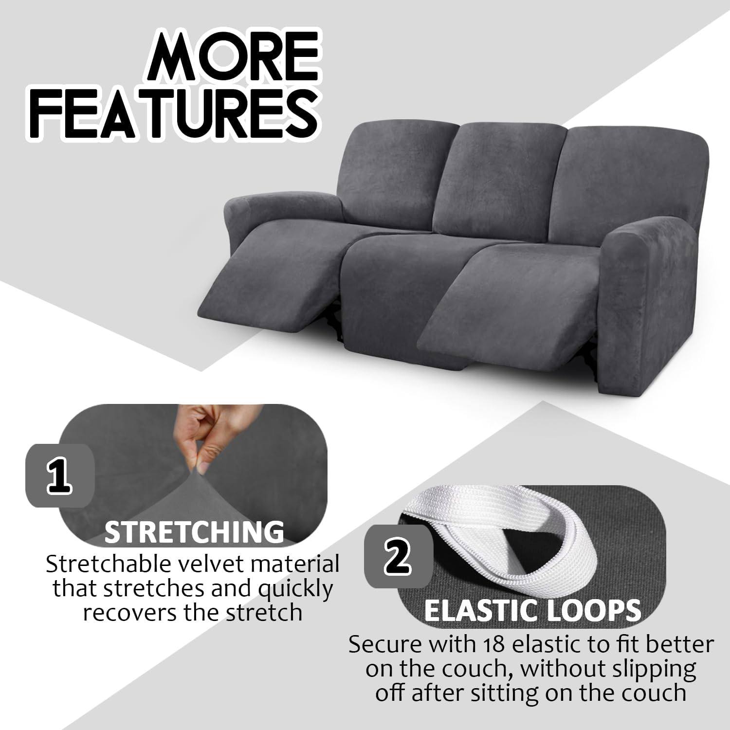 ULTICOR Velvet 8-Pieces Recliner Sofa Covers Stretch Reclining Couch Covers for 3 Cushion Reclining Sofa Slipcovers Furniture Covers Thick Soft Washable (3 Seater Recliner Cover, Dark Gray)