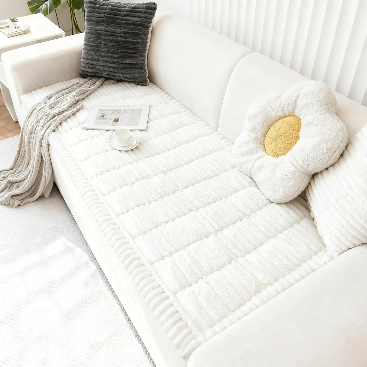Capslpad Sofa Covers for Pets Washable Non Slip Dog Couch Cover Fuzzy Sofa Slipcover Geometric Pet Friendly Mat Cushion Protector Travel Pet Mat for Living Bedroom Car Back Seat, White 27.5"x82.6"