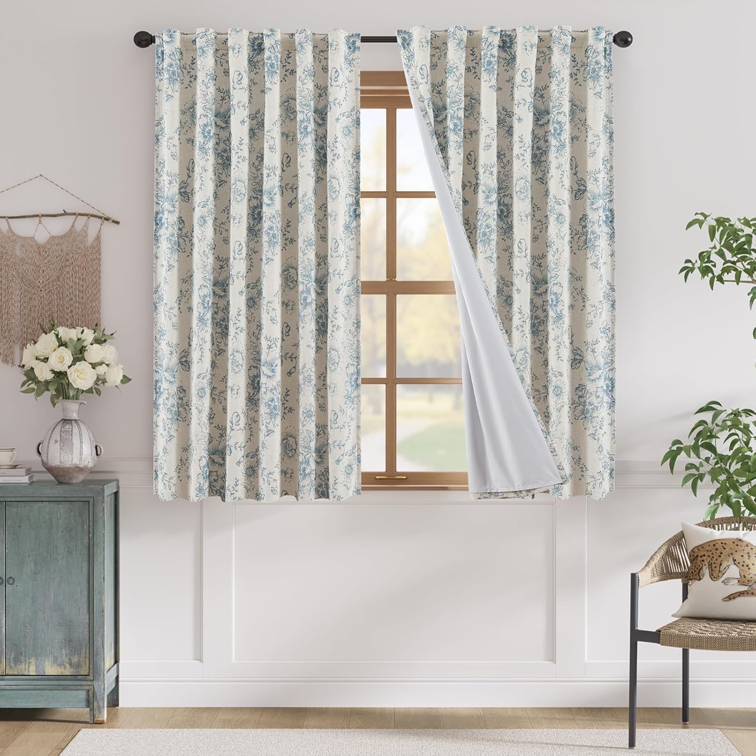 jinchan Linen Blend Curtain Floral Curtains for Living Room 108 Inch Length Black Printed Curtain Rod Pocket Back Tab Farmhouse Peony Flower Patterned Drapes Bedroom Window Curtains Set 2 Panels