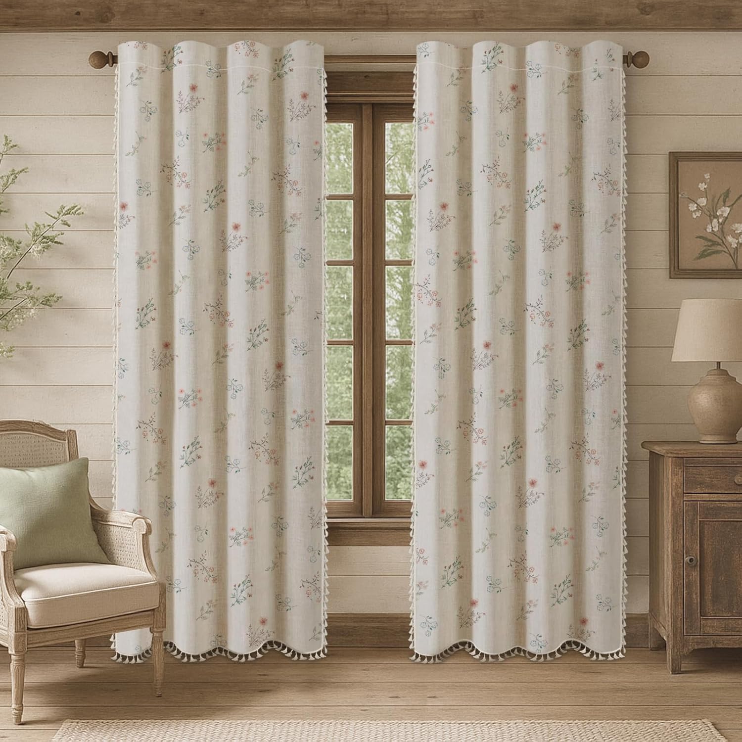 Boho Floral 100% Blackout Curtains 84 Inch Length 2 Panels Set, Linen Texture Farmhouse Curtains Beige Tassel for Living Room Bedroom Vintage Rustic Patterned Printed Western Rod Pocket