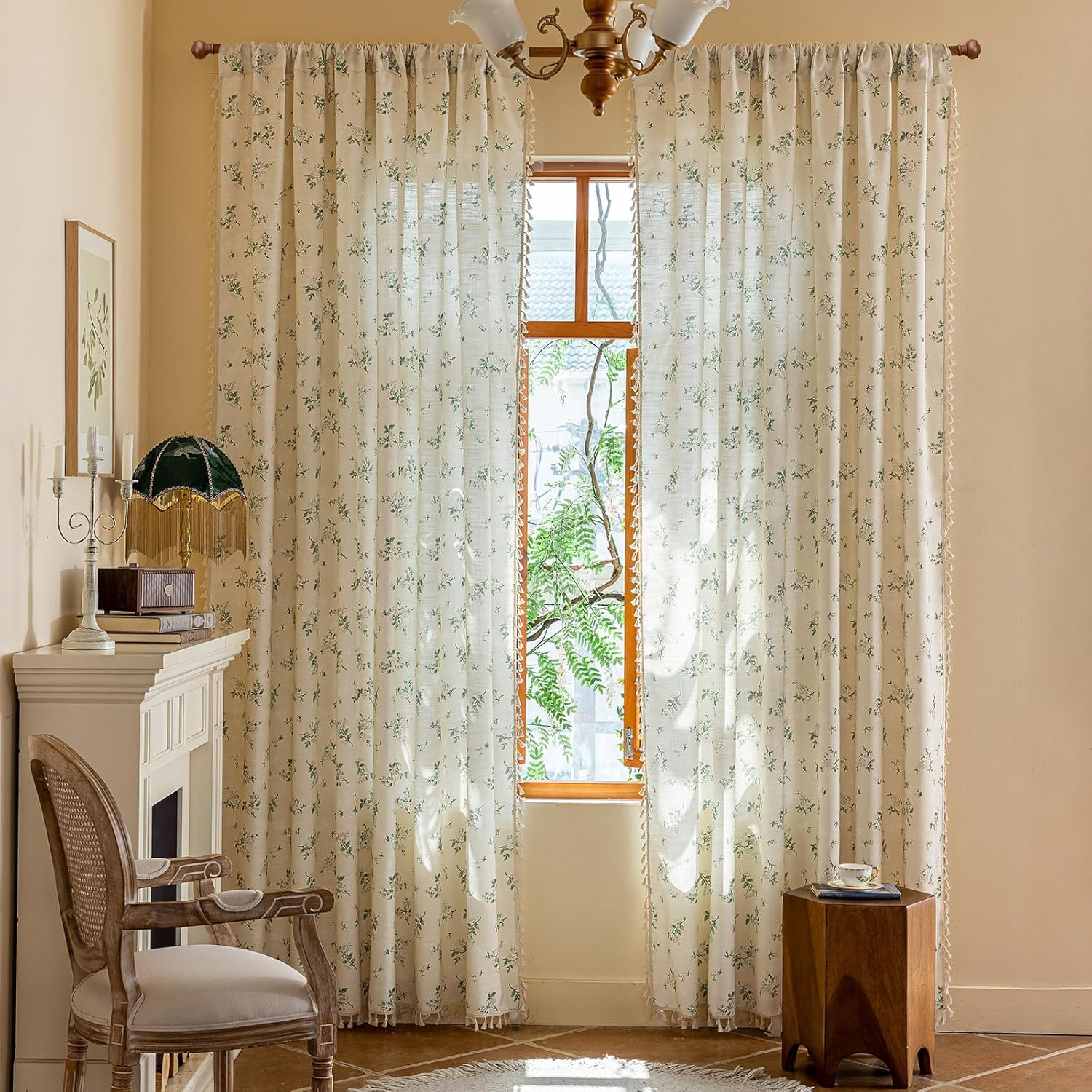 ENJOYBRIDAL Floral Bedroom Curtains 84 Inch Length 2 Panels Set Farmhouse Semi Sheer Living Room Drapes Cotton Linen Blend Bohemian Window Curtain Panels with Tassel Beige Rod Pocket Drapes