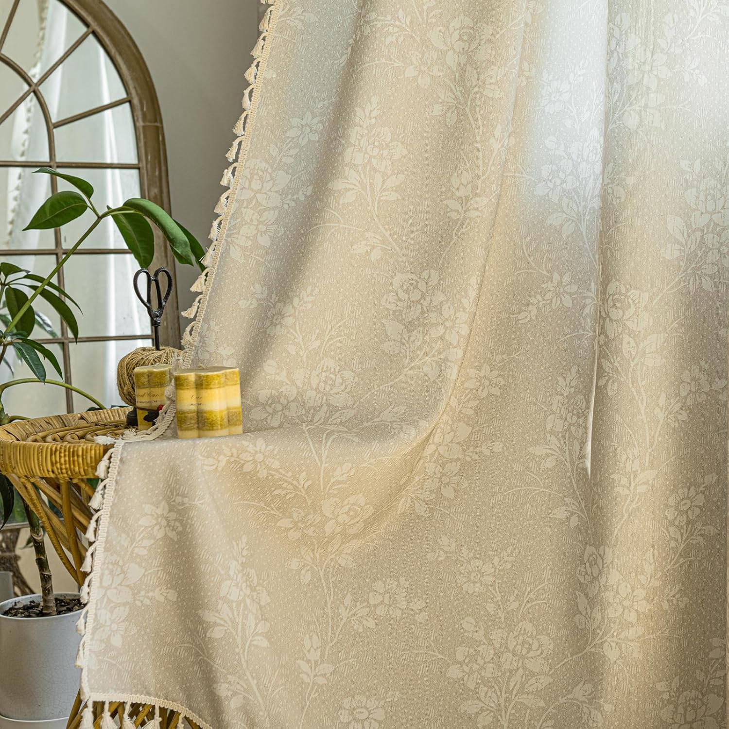 ENJOYBRIDAL Floral Bedroom Curtains 84 Inch Length 2 Panels Set Farmhouse Semi Sheer Living Room Drapes Cotton Linen Blend Bohemian Window Curtain Panels with Tassel Beige Rod Pocket Drapes