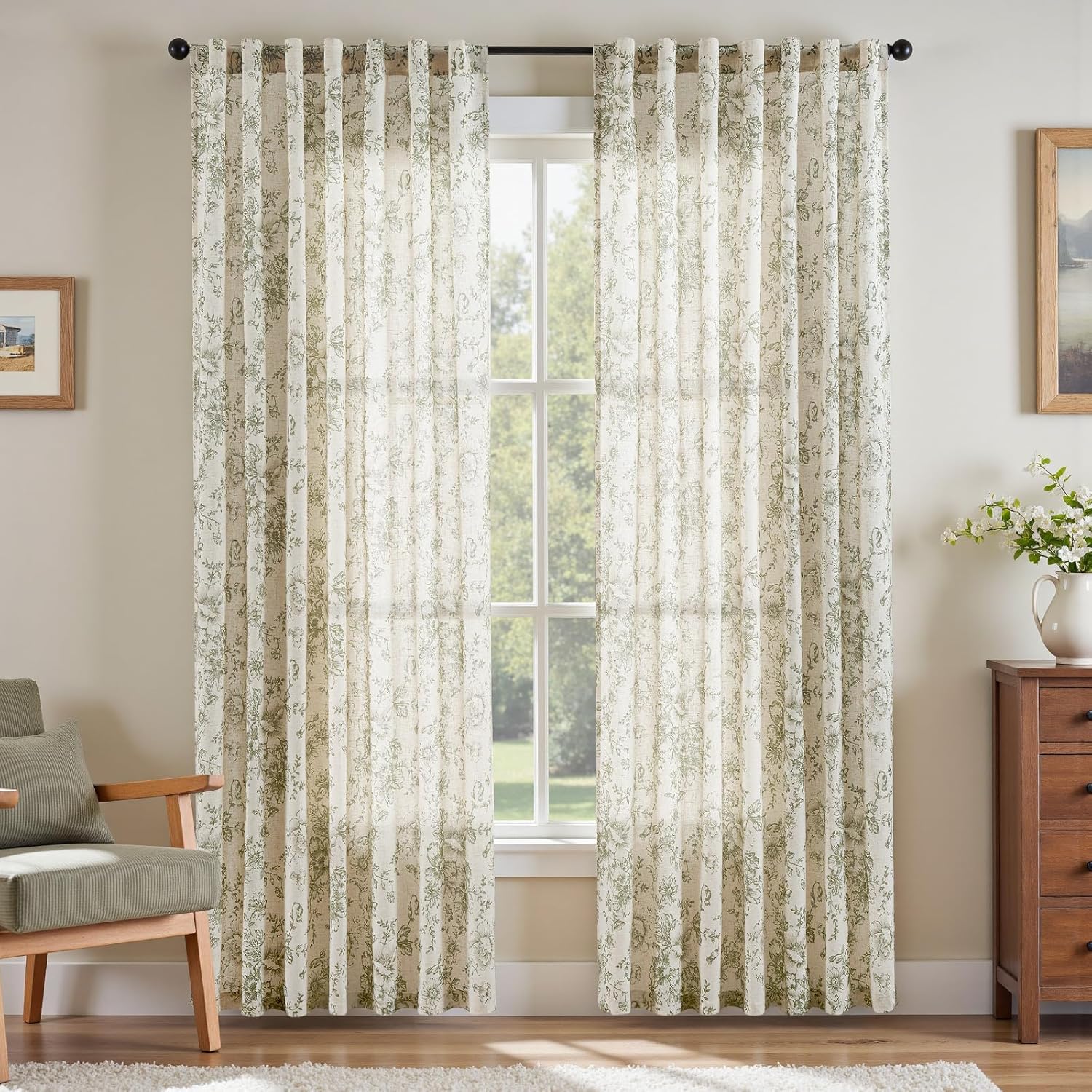 jinchan Linen Blend Curtain Floral Curtains for Living Room 108 Inch Length Black Printed Curtain Rod Pocket Back Tab Farmhouse Peony Flower Patterned Drapes Bedroom Window Curtains Set 2 Panels