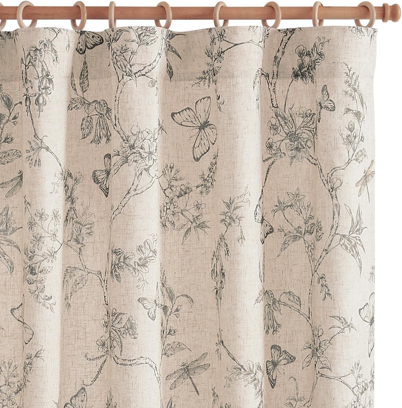 jinchan Linen Blend Curtain Floral Curtains for Living Room 108 Inch Length Black Printed Curtain Rod Pocket Back Tab Farmhouse Peony Flower Patterned Drapes Bedroom Window Curtains Set 2 Panels