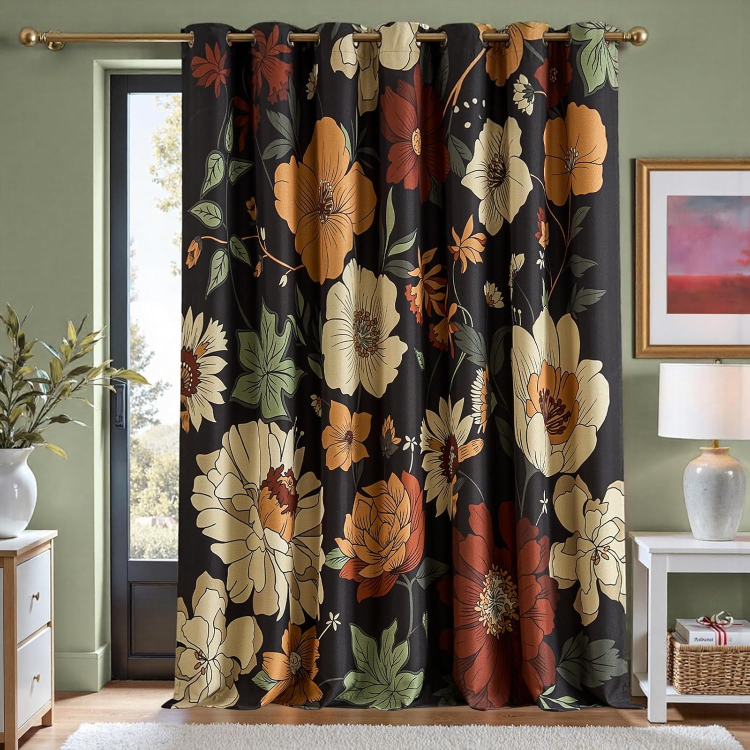 jinchan Lora Floral Curtains for Bedroom Blackout Drapes for Living Room Darkening Fabric Fall Decor Winter Vintage Flower Pattern Printed Window Curtains 84 Inches Length 2 Panels with Grommet Black