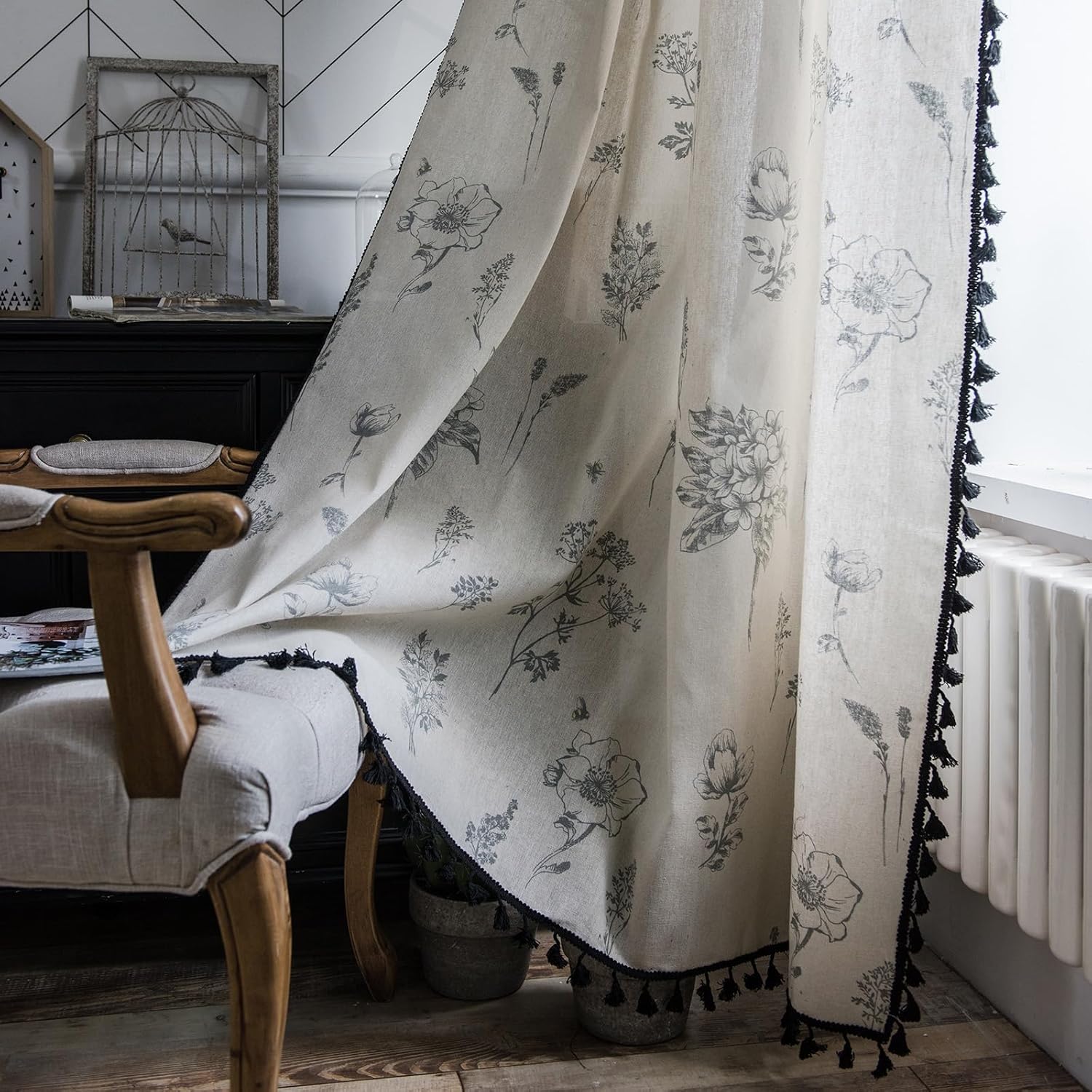 ENJOYBRIDAL Floral Bedroom Curtains 84 Inch Length 2 Panels Set Farmhouse Semi Sheer Living Room Drapes Cotton Linen Blend Bohemian Window Curtain Panels with Tassel Beige Rod Pocket Drapes