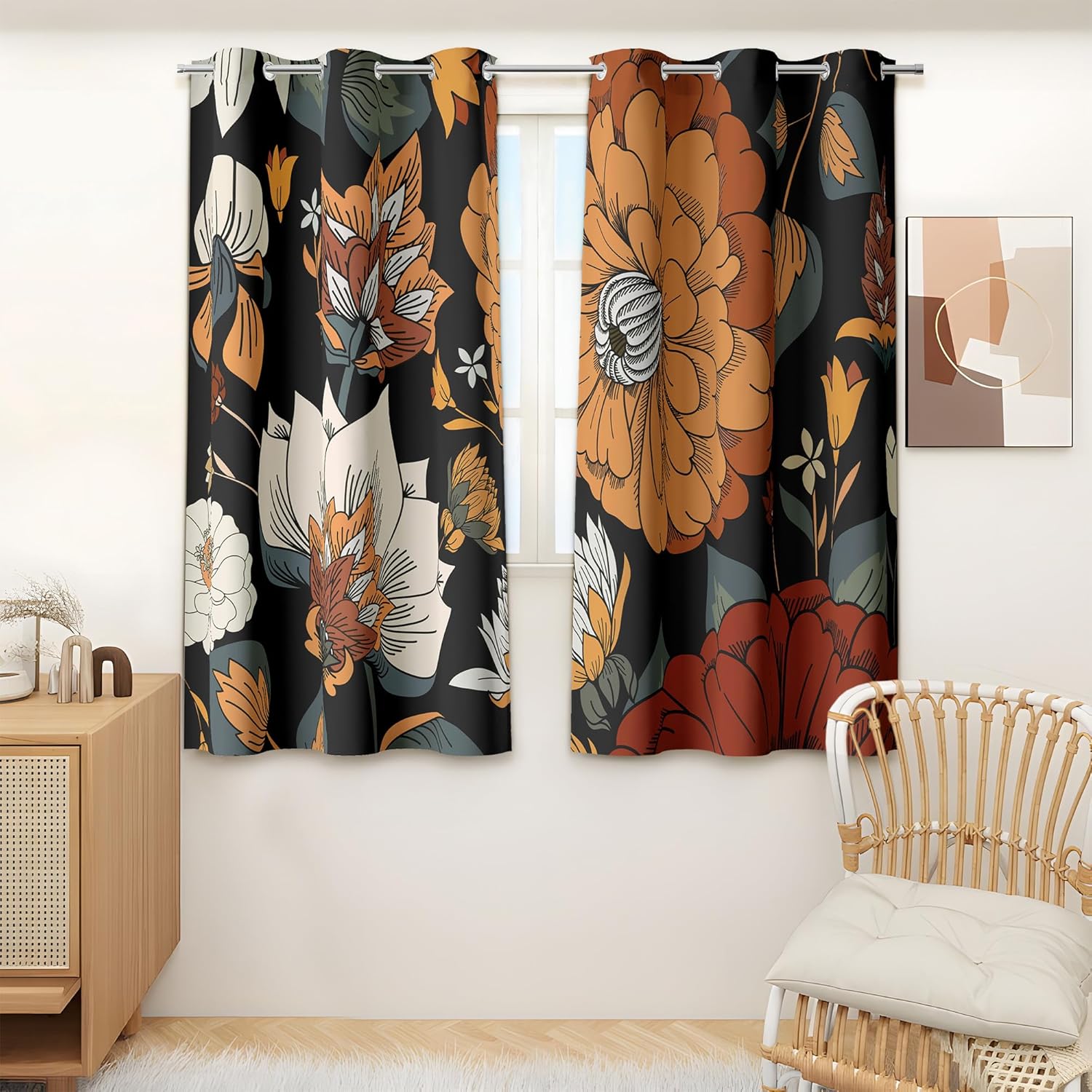 Black Boho Floral 100% Blackout Curtains for Bedroom 96 inch Long 2 Panels Mid Century Botanical Black Out Curtains for Living Room Grommet Thermal Insulated Room Darkening Window Drapes,52Wx96L