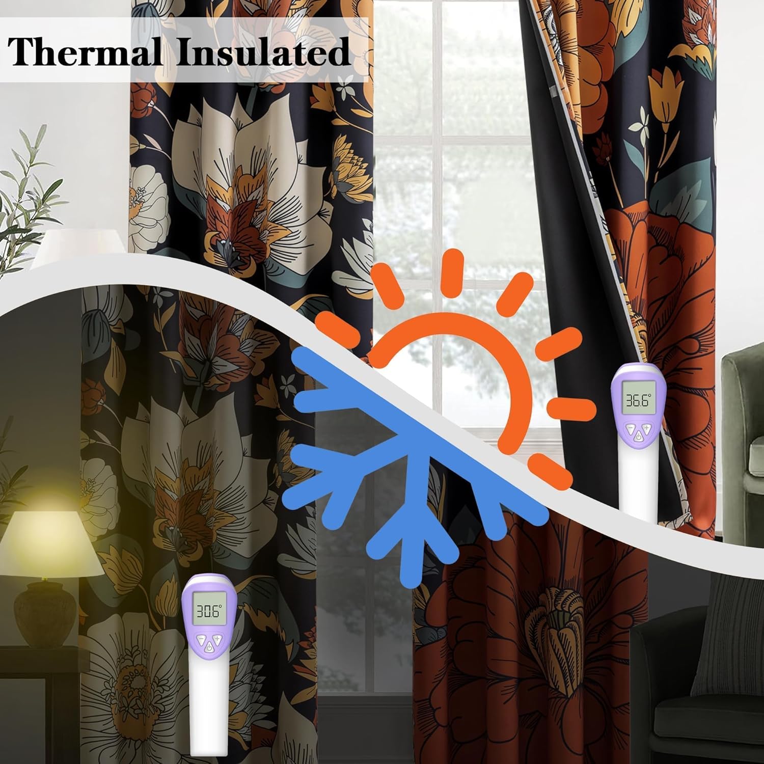 Black Boho Floral 100% Blackout Curtains for Bedroom 96 inch Long 2 Panels Mid Century Botanical Black Out Curtains for Living Room Grommet Thermal Insulated Room Darkening Window Drapes,52Wx96L