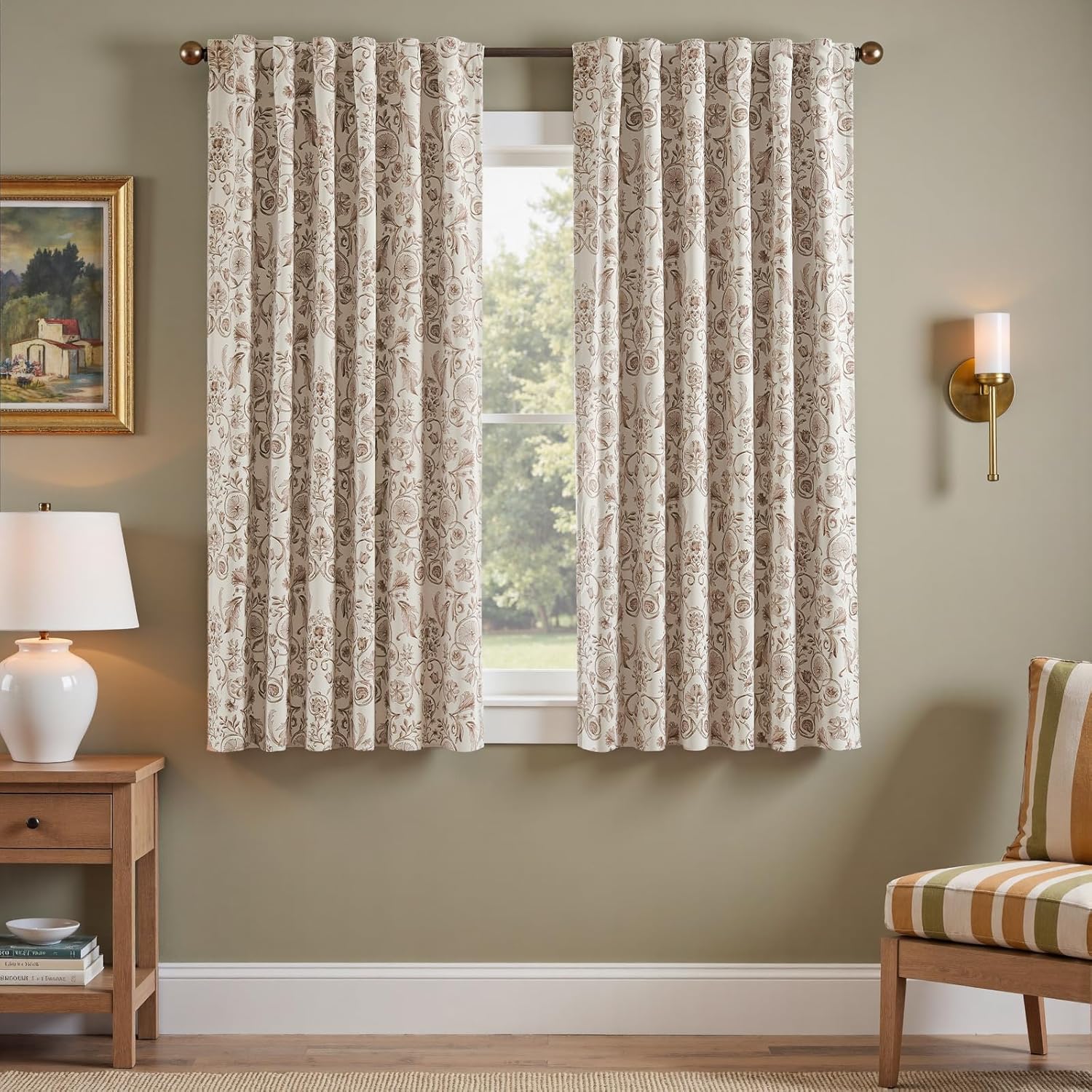 jinchan Floral Blackout Curtains for Bedroom Living Room 84 Inches Length Farmhouse Curtains Room Darkening Vintage Drapes Traditional Rod Pocket Window Treatment 2 Panels Set Sage Green on Beige