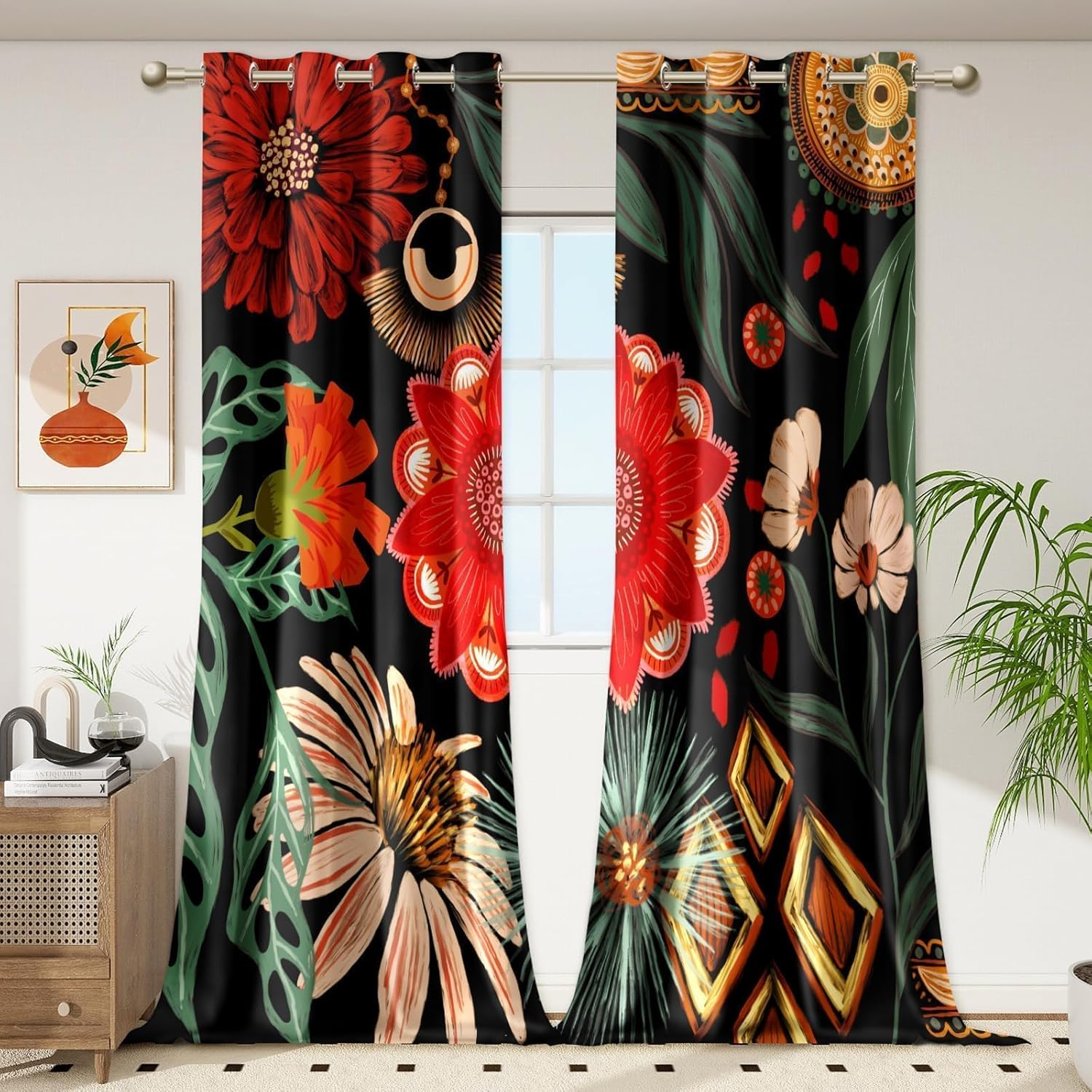 Black Boho Floral 100% Blackout Curtains for Bedroom 96 inch Long 2 Panels Mid Century Botanical Black Out Curtains for Living Room Grommet Thermal Insulated Room Darkening Window Drapes,52Wx96L