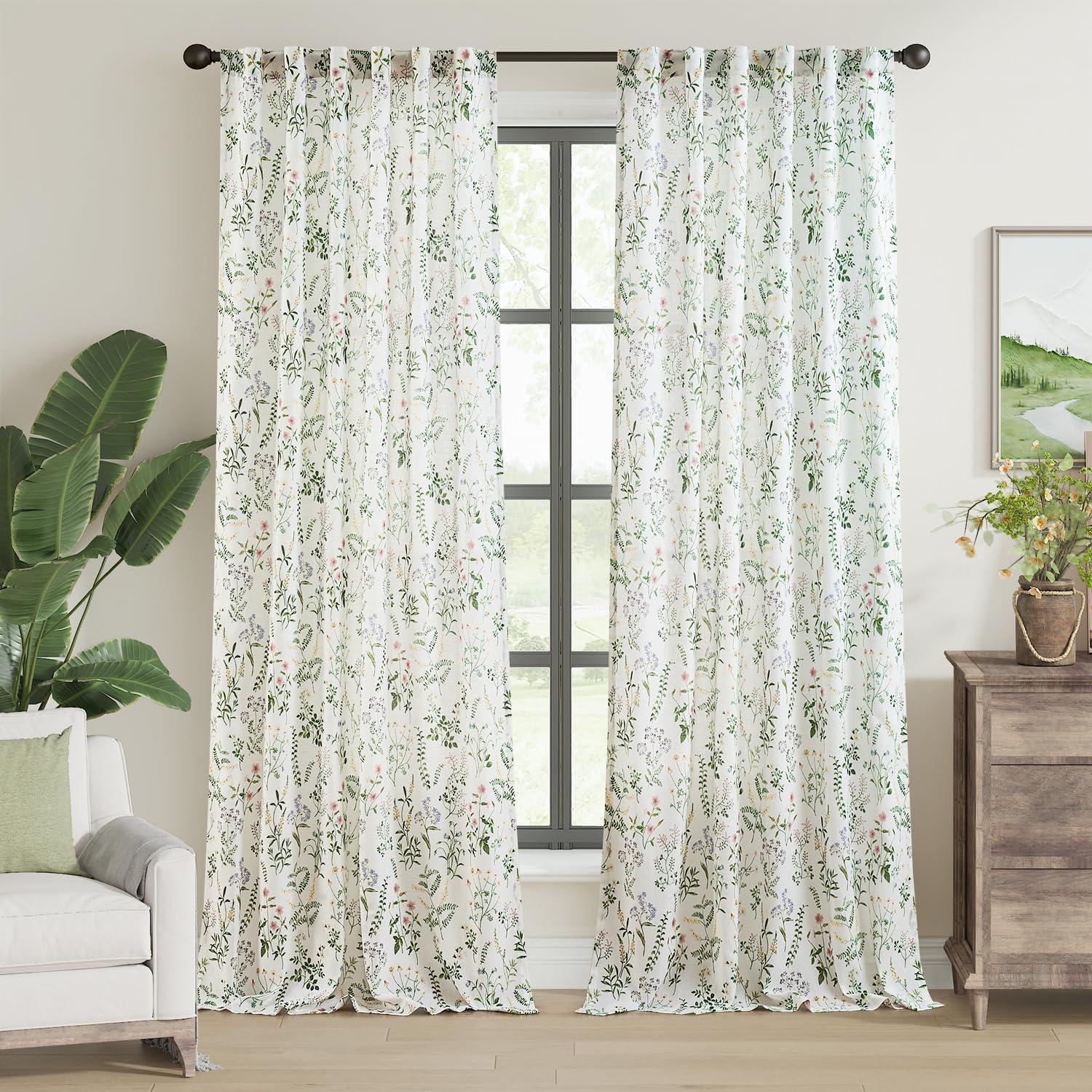 jinchan Linen Blend Curtain Floral Curtains for Living Room 108 Inch Length Black Printed Curtain Rod Pocket Back Tab Farmhouse Peony Flower Patterned Drapes Bedroom Window Curtains Set 2 Panels