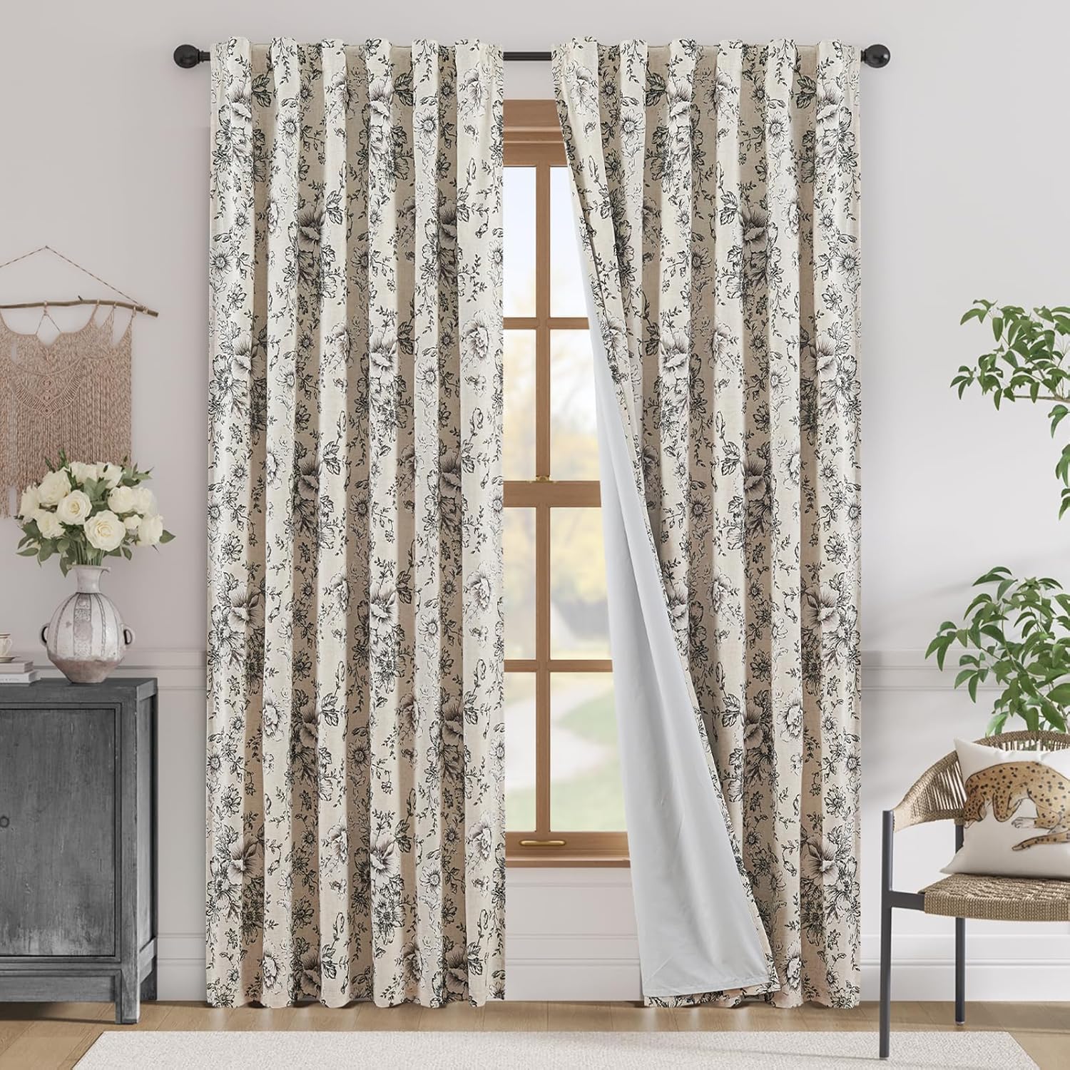 jinchan Linen Blend Curtain Floral Curtains for Living Room 108 Inch Length Black Printed Curtain Rod Pocket Back Tab Farmhouse Peony Flower Patterned Drapes Bedroom Window Curtains Set 2 Panels