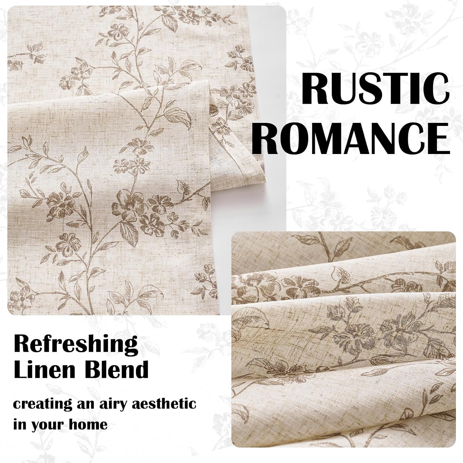 Lazzzy Taupe Floral Linen Curtains 84 Inch Farmhouse Curtain Back Tab Drapes for Living Room Bedroom Light Filtering Vintage Rod Pocket Curtains Fall Decorations for Home, 2 Panels, Taupe on Beige