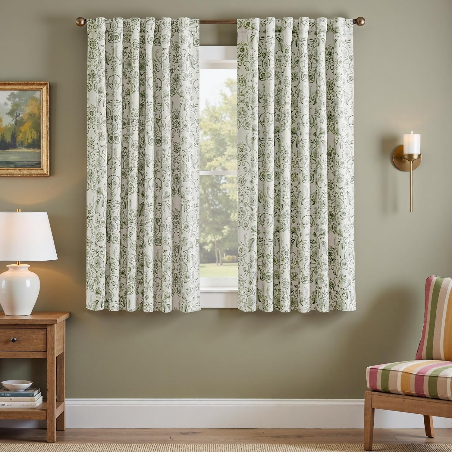 jinchan Floral Blackout Curtains for Bedroom Living Room 84 Inches Length Farmhouse Curtains Room Darkening Vintage Drapes Traditional Rod Pocket Window Treatment 2 Panels Set Sage Green on Beige