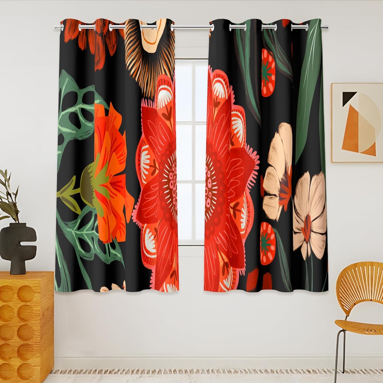 Black Boho Floral 100% Blackout Curtains for Bedroom 96 inch Long 2 Panels Mid Century Botanical Black Out Curtains for Living Room Grommet Thermal Insulated Room Darkening Window Drapes,52Wx96L